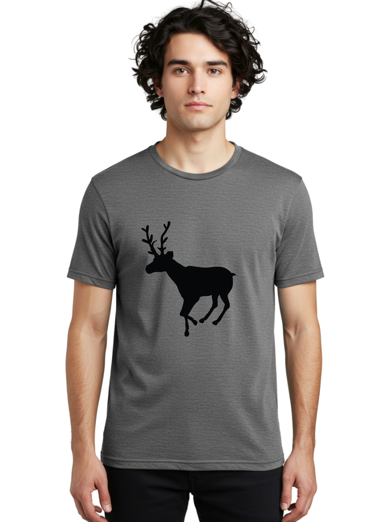 Reindeer-Silhouette Men'S Graphic Tee, 100% Cotton, Comfortable Casual Summer Wear, Machine Washable, Reindeer Silhouette, Deer Running, Antlered Animal, Wildlife Graphic, Festive Design, Winter Symbol, Holiday Icon, Minimalist Art Aad123