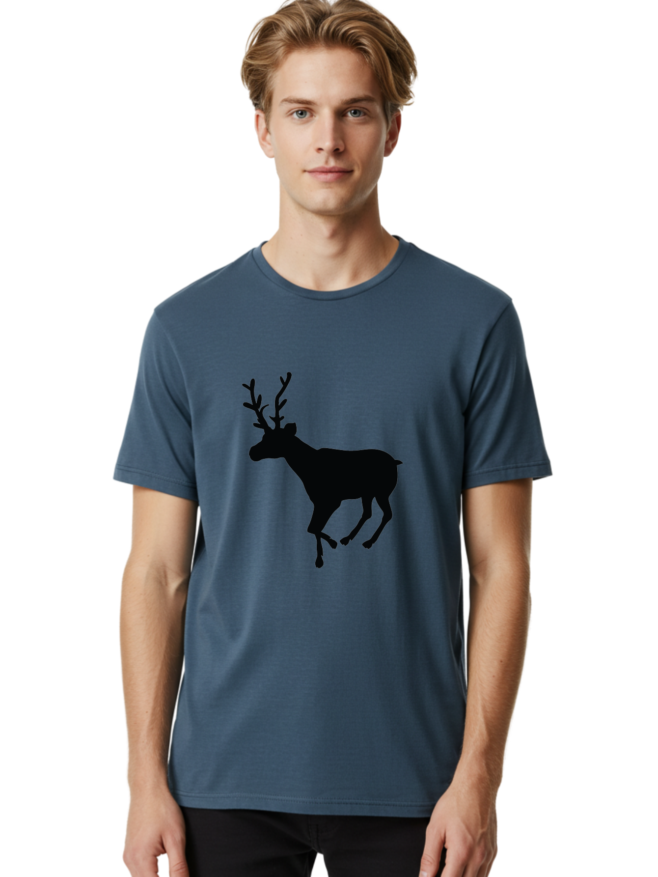 Reindeer-Silhouette Men'S Graphic Tee, 100% Cotton, Comfortable Casual Summer Wear, Machine Washable, Reindeer Silhouette, Deer Running, Antlered Animal, Wildlife Graphic, Festive Design, Winter Symbol, Holiday Icon, Minimalist Art Aad123