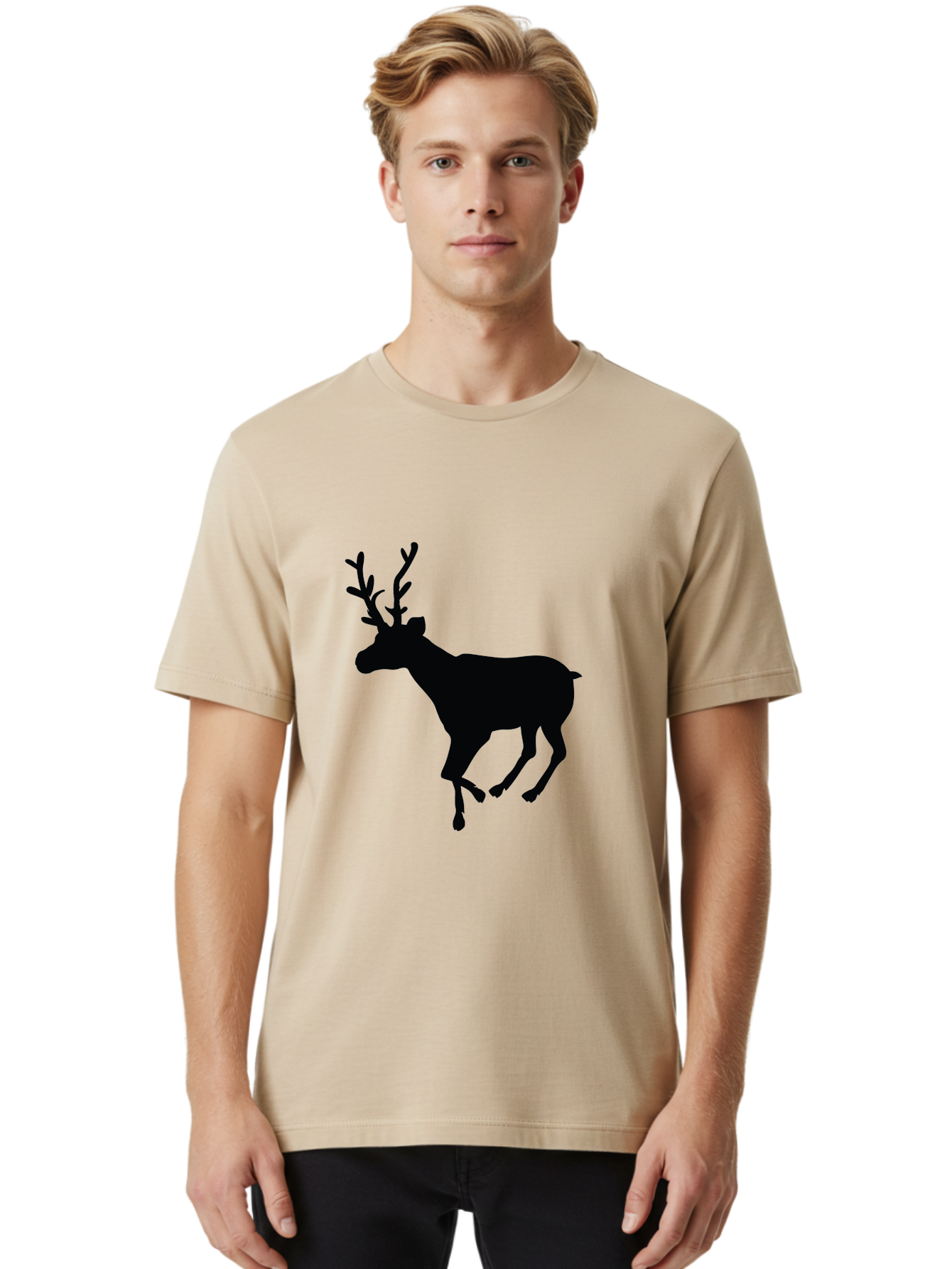 Reindeer-Silhouette Men'S Graphic Tee, 100% Cotton, Comfortable Casual Summer Wear, Machine Washable, Reindeer Silhouette, Deer Running, Antlered Animal, Wildlife Graphic, Festive Design, Winter Symbol, Holiday Icon, Minimalist Art Aad123
