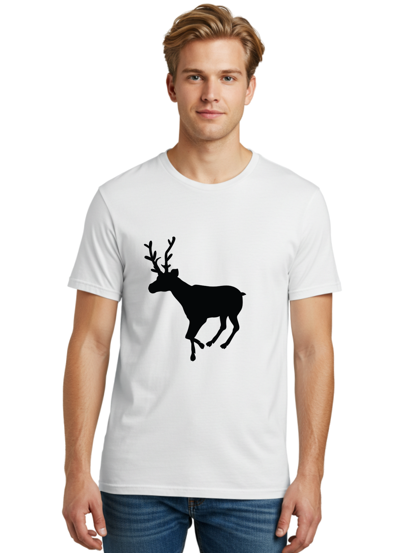 Reindeer-Silhouette Men'S Graphic Tee, 100% Cotton, Comfortable Casual Summer Wear, Machine Washable, Reindeer Silhouette, Deer Running, Antlered Animal, Wildlife Graphic, Festive Design, Winter Symbol, Holiday Icon, Minimalist Art Aad123