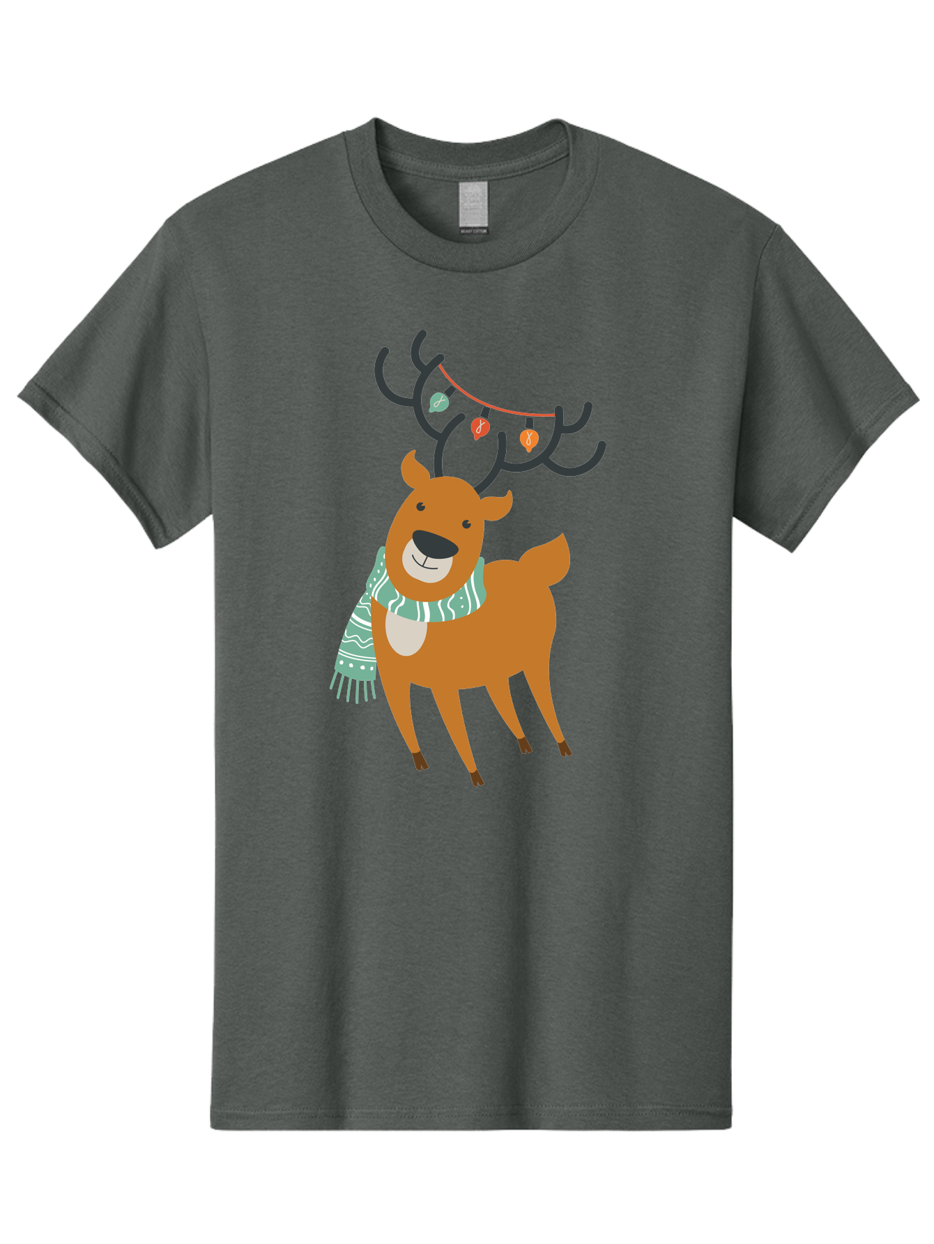 Reindeer-With-Scarf-And-Lights Men'S Graphic Tee, 100% Cotton, Comfortable Casual Summer Wear, Machine Washable, Holiday Reindeer, Christmas Decoration, Festive Scarf, String Lights, Cartoon Character, Winter Wonderland, Merry Christmas, Aad124