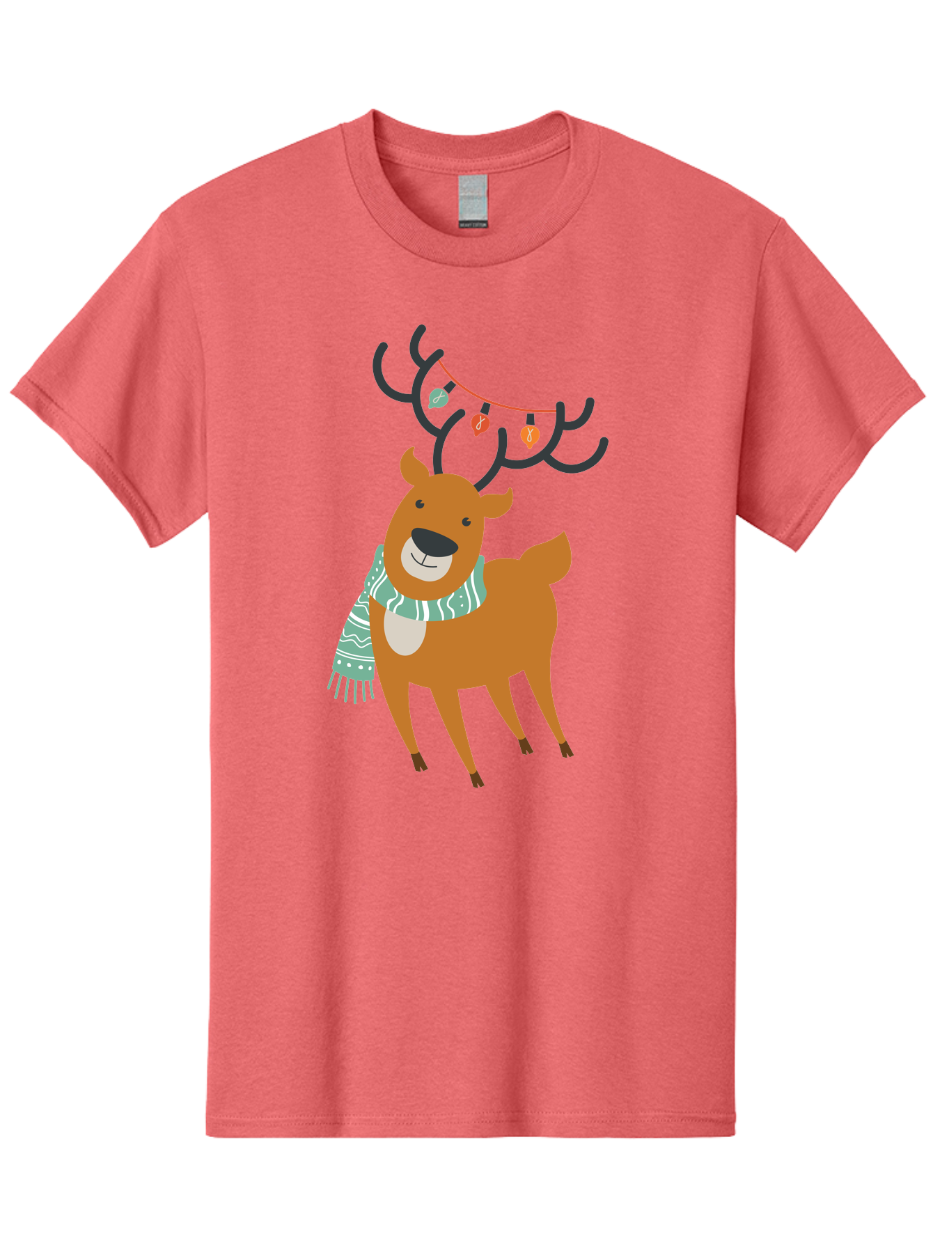Reindeer-With-Scarf-And-Lights Men'S Graphic Tee, 100% Cotton, Comfortable Casual Summer Wear, Machine Washable, Holiday Reindeer, Christmas Decoration, Festive Scarf, String Lights, Cartoon Character, Winter Wonderland, Merry Christmas, Aad124