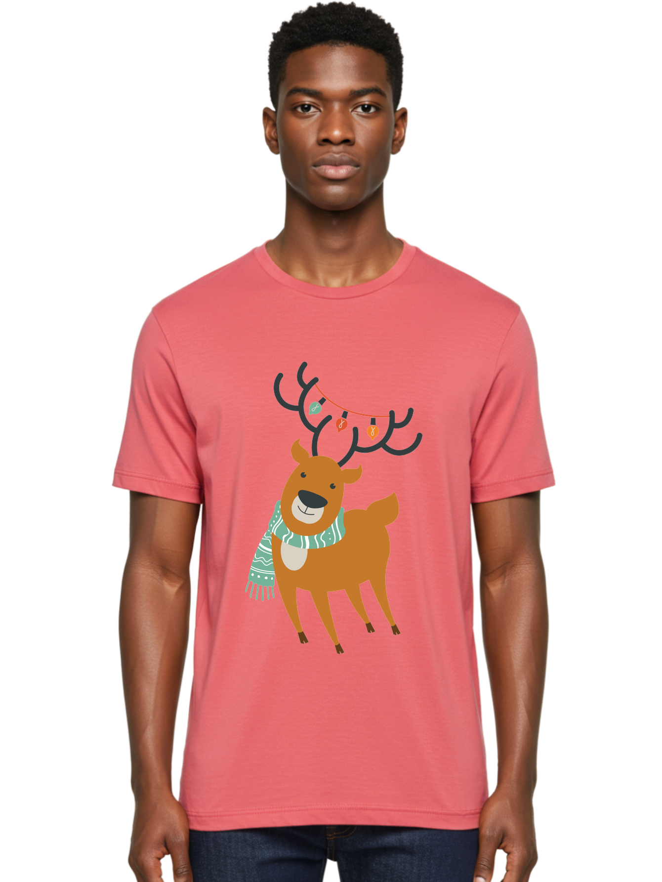 Reindeer-With-Scarf-And-Lights Men'S Graphic Tee, 100% Cotton, Comfortable Casual Summer Wear, Machine Washable, Holiday Reindeer, Christmas Decoration, Festive Scarf, String Lights, Cartoon Character, Winter Wonderland, Merry Christmas, Aad124