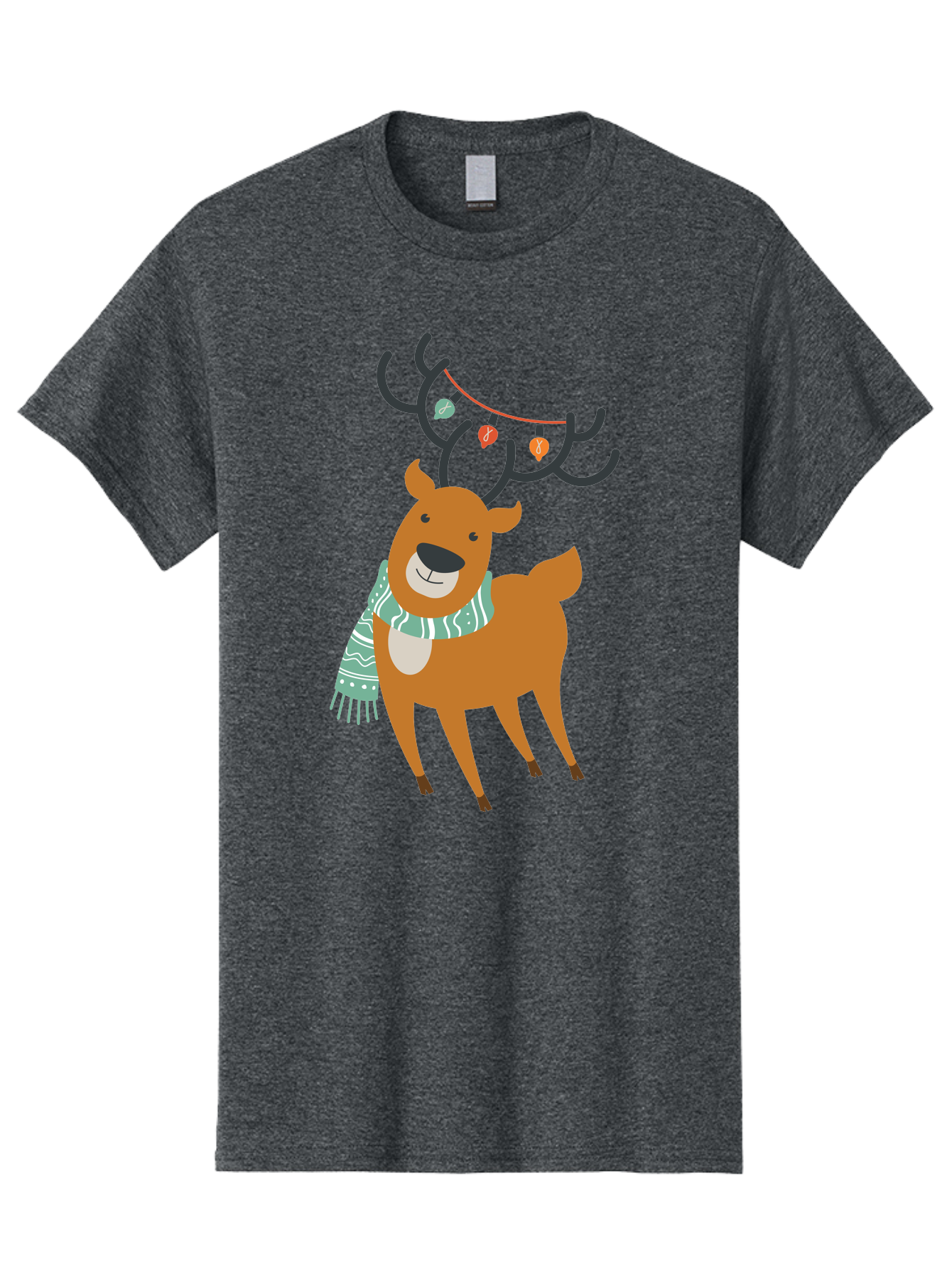 Reindeer-With-Scarf-And-Lights Men'S Graphic Tee, 100% Cotton, Comfortable Casual Summer Wear, Machine Washable, Holiday Reindeer, Christmas Decoration, Festive Scarf, String Lights, Cartoon Character, Winter Wonderland, Merry Christmas, Aad124