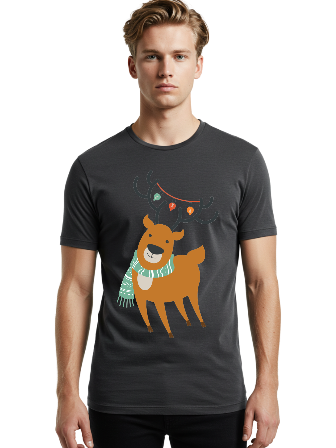 Reindeer-With-Scarf-And-Lights Men'S Graphic Tee, 100% Cotton, Comfortable Casual Summer Wear, Machine Washable, Holiday Reindeer, Christmas Decoration, Festive Scarf, String Lights, Cartoon Character, Winter Wonderland, Merry Christmas, Aad124