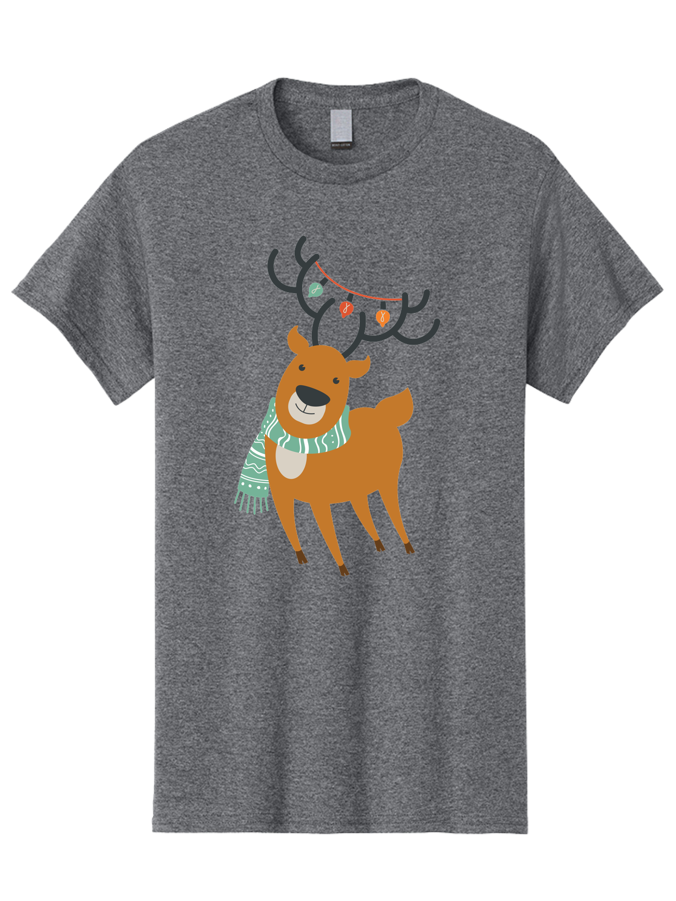 Reindeer-With-Scarf-And-Lights Men'S Graphic Tee, 100% Cotton, Comfortable Casual Summer Wear, Machine Washable, Holiday Reindeer, Christmas Decoration, Festive Scarf, String Lights, Cartoon Character, Winter Wonderland, Merry Christmas, Aad124