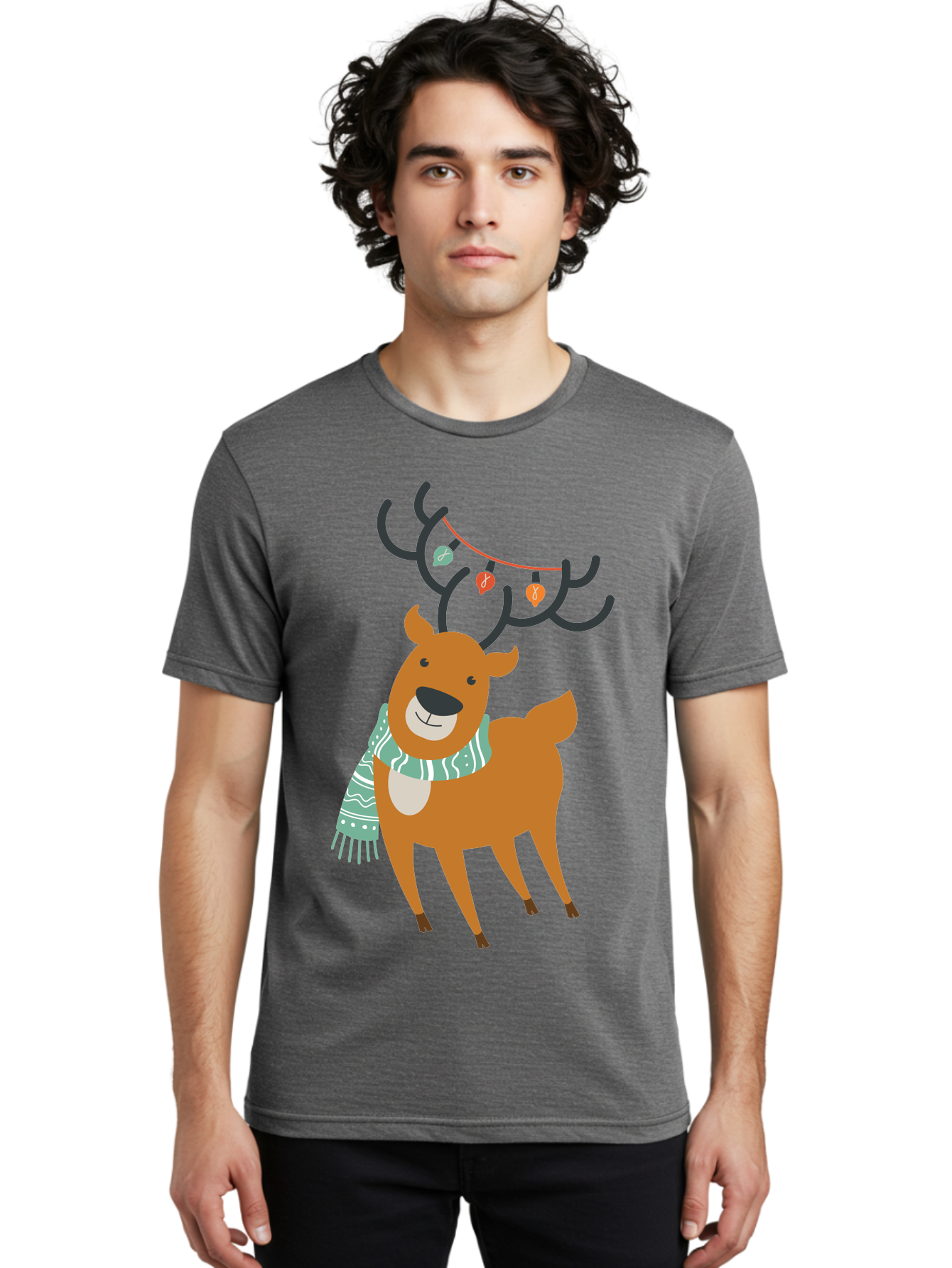 Reindeer-With-Scarf-And-Lights Men'S Graphic Tee, 100% Cotton, Comfortable Casual Summer Wear, Machine Washable, Holiday Reindeer, Christmas Decoration, Festive Scarf, String Lights, Cartoon Character, Winter Wonderland, Merry Christmas, Aad124
