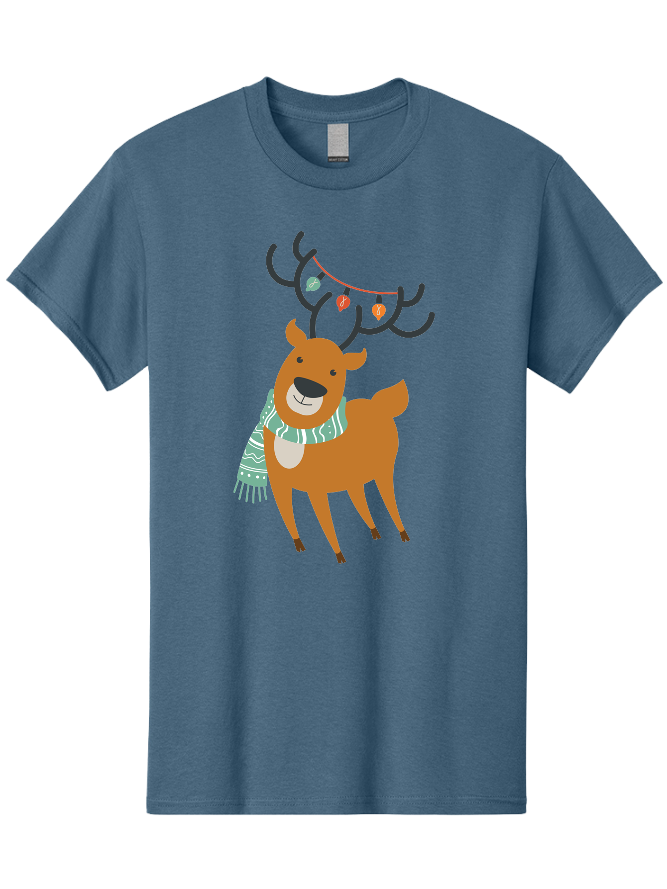 Reindeer-With-Scarf-And-Lights Men'S Graphic Tee, 100% Cotton, Comfortable Casual Summer Wear, Machine Washable, Holiday Reindeer, Christmas Decoration, Festive Scarf, String Lights, Cartoon Character, Winter Wonderland, Merry Christmas, Aad124