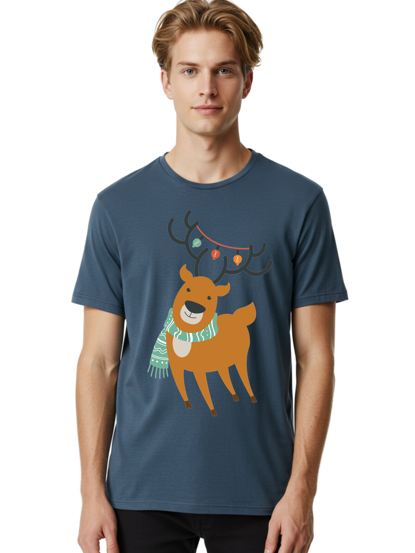 Reindeer-With-Scarf-And-Lights Men'S Graphic Tee, 100% Cotton, Comfortable Casual Summer Wear, Machine Washable, Holiday Reindeer, Christmas Decoration, Festive Scarf, String Lights, Cartoon Character, Winter Wonderland, Merry Christmas, Aad124