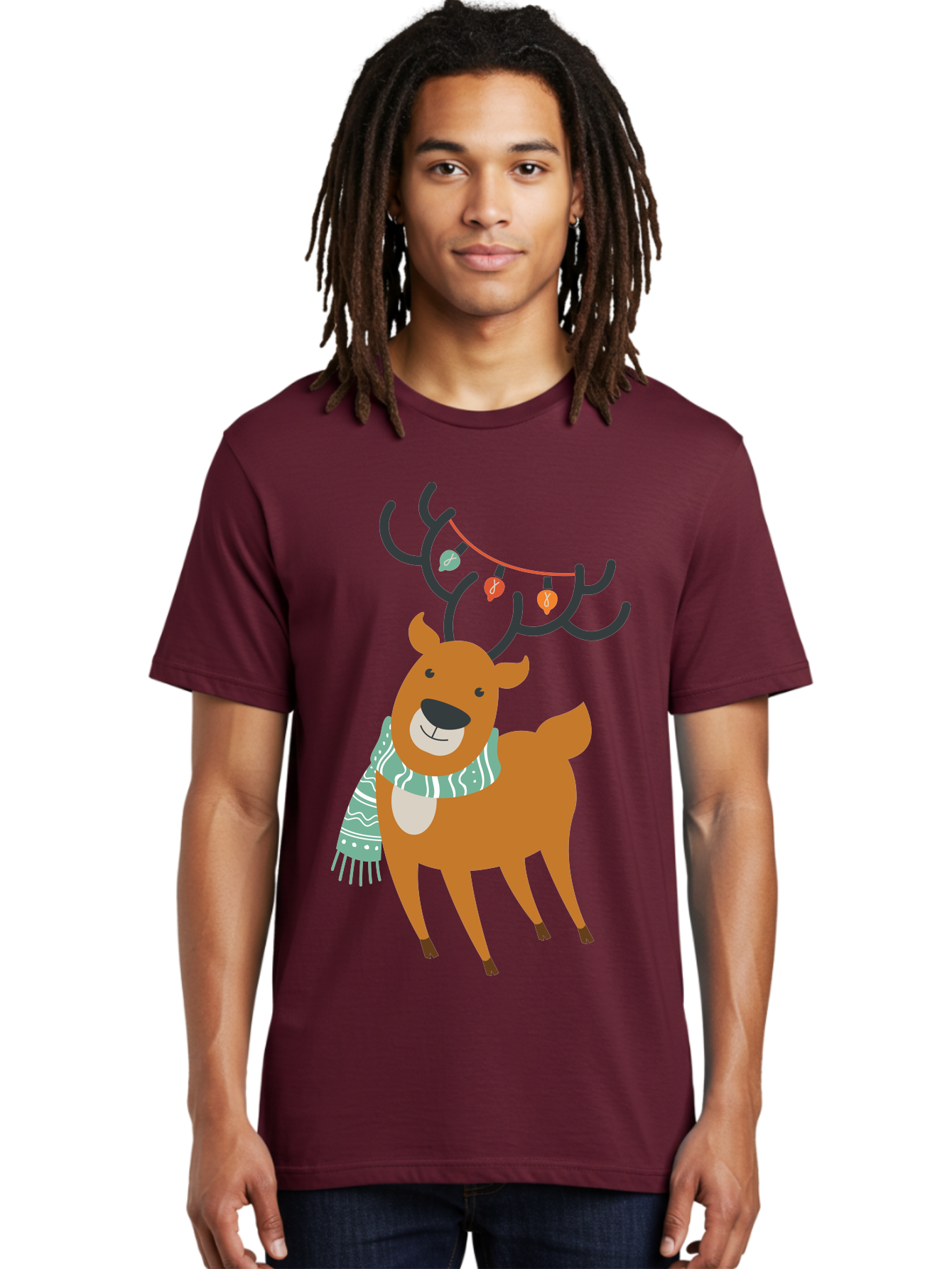 Reindeer-With-Scarf-And-Lights Men'S Graphic Tee, 100% Cotton, Comfortable Casual Summer Wear, Machine Washable, Holiday Reindeer, Christmas Decoration, Festive Scarf, String Lights, Cartoon Character, Winter Wonderland, Merry Christmas, Aad124