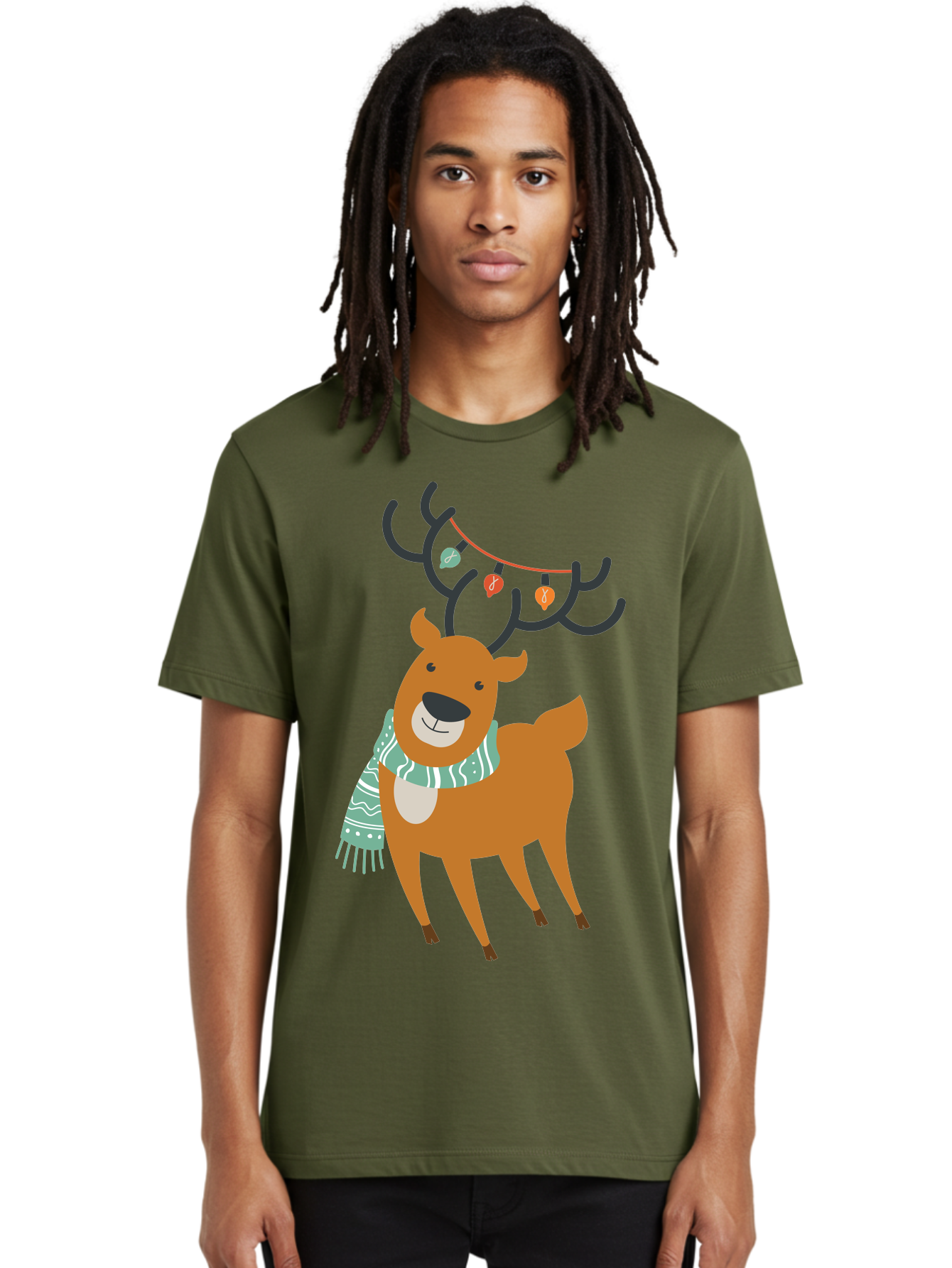 Reindeer-With-Scarf-And-Lights Men'S Graphic Tee, 100% Cotton, Comfortable Casual Summer Wear, Machine Washable, Holiday Reindeer, Christmas Decoration, Festive Scarf, String Lights, Cartoon Character, Winter Wonderland, Merry Christmas, Aad124