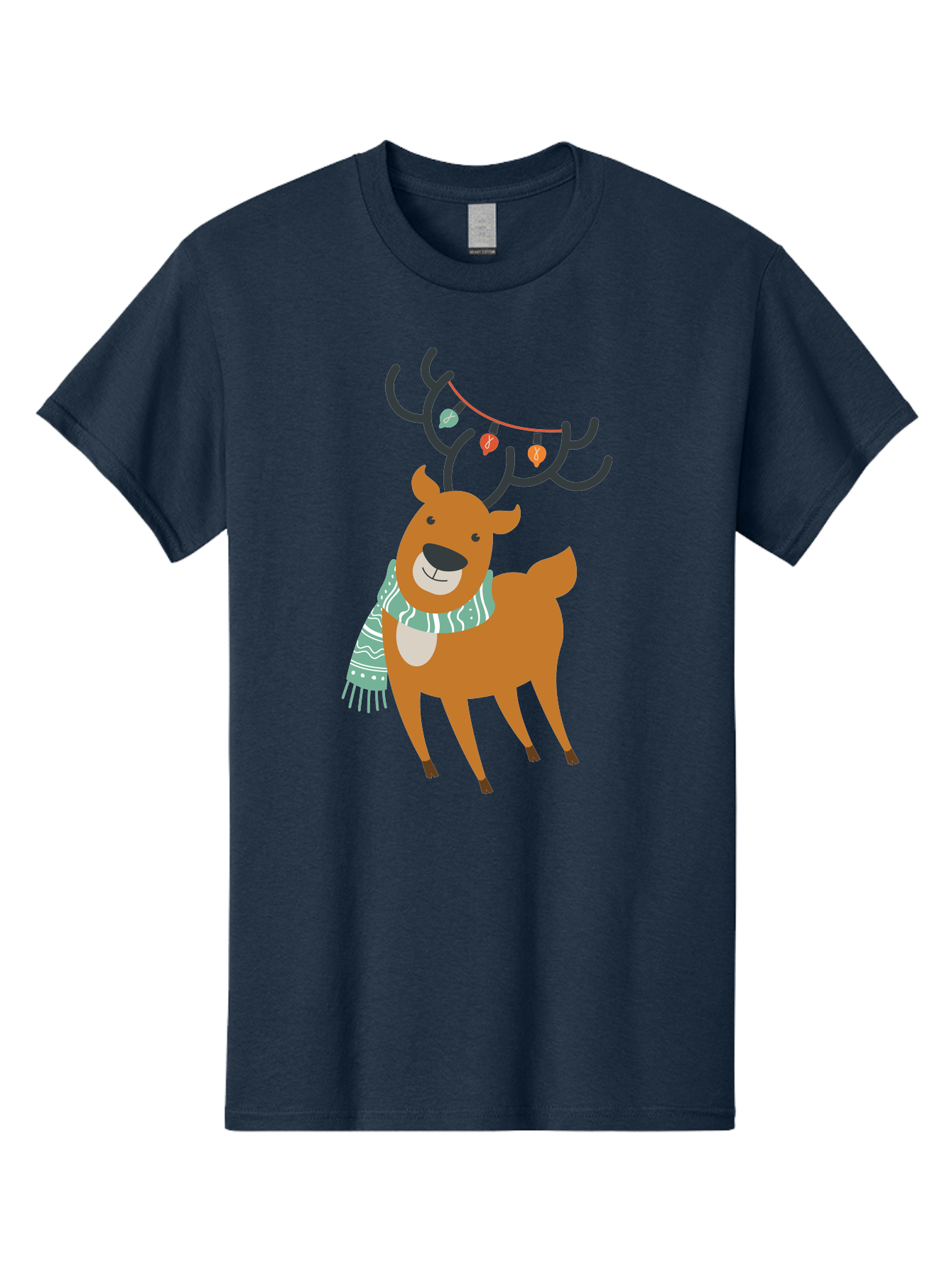 Reindeer-With-Scarf-And-Lights Men'S Graphic Tee, 100% Cotton, Comfortable Casual Summer Wear, Machine Washable, Holiday Reindeer, Christmas Decoration, Festive Scarf, String Lights, Cartoon Character, Winter Wonderland, Merry Christmas, Aad124