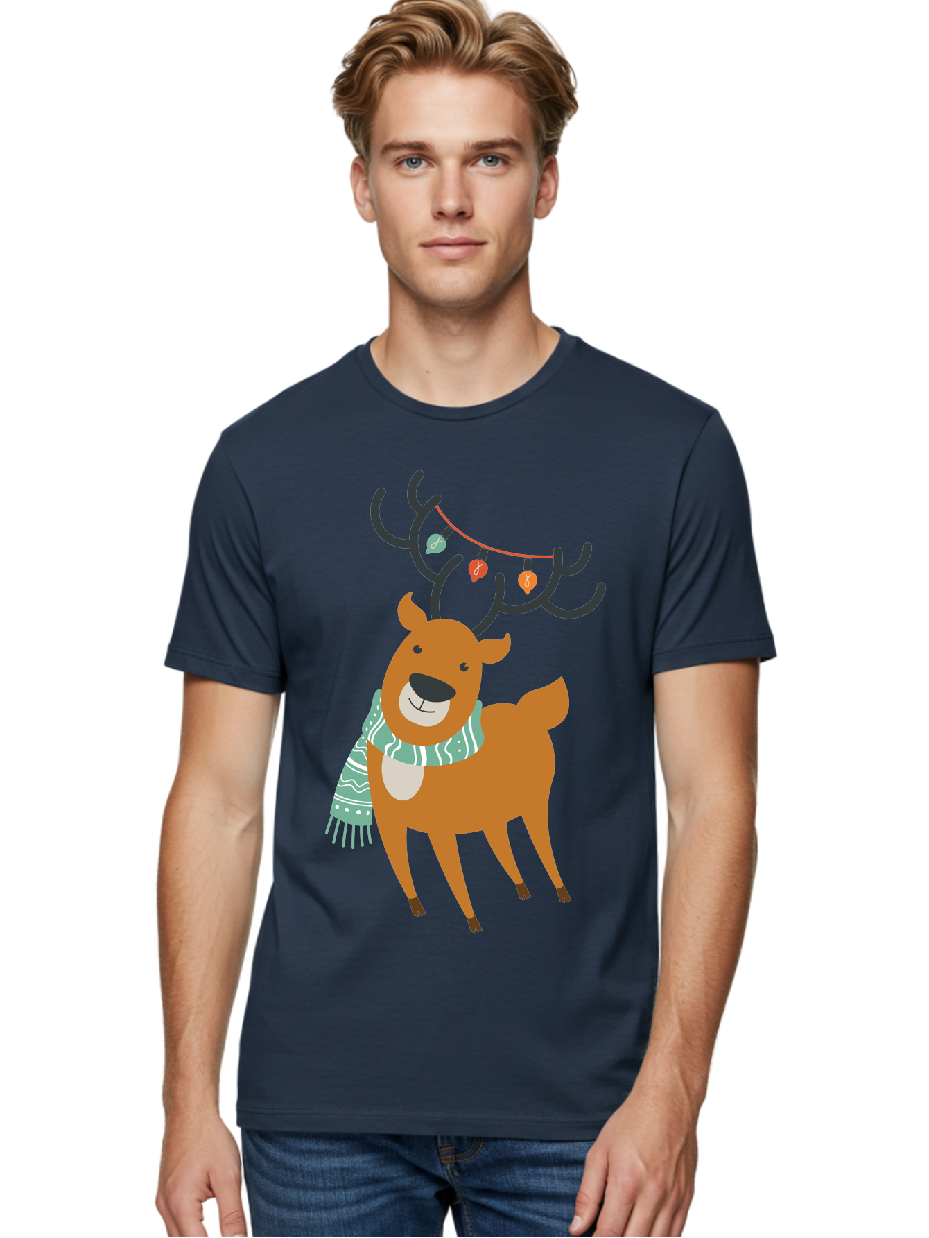 Reindeer-With-Scarf-And-Lights Men'S Graphic Tee, 100% Cotton, Comfortable Casual Summer Wear, Machine Washable, Holiday Reindeer, Christmas Decoration, Festive Scarf, String Lights, Cartoon Character, Winter Wonderland, Merry Christmas, Aad124