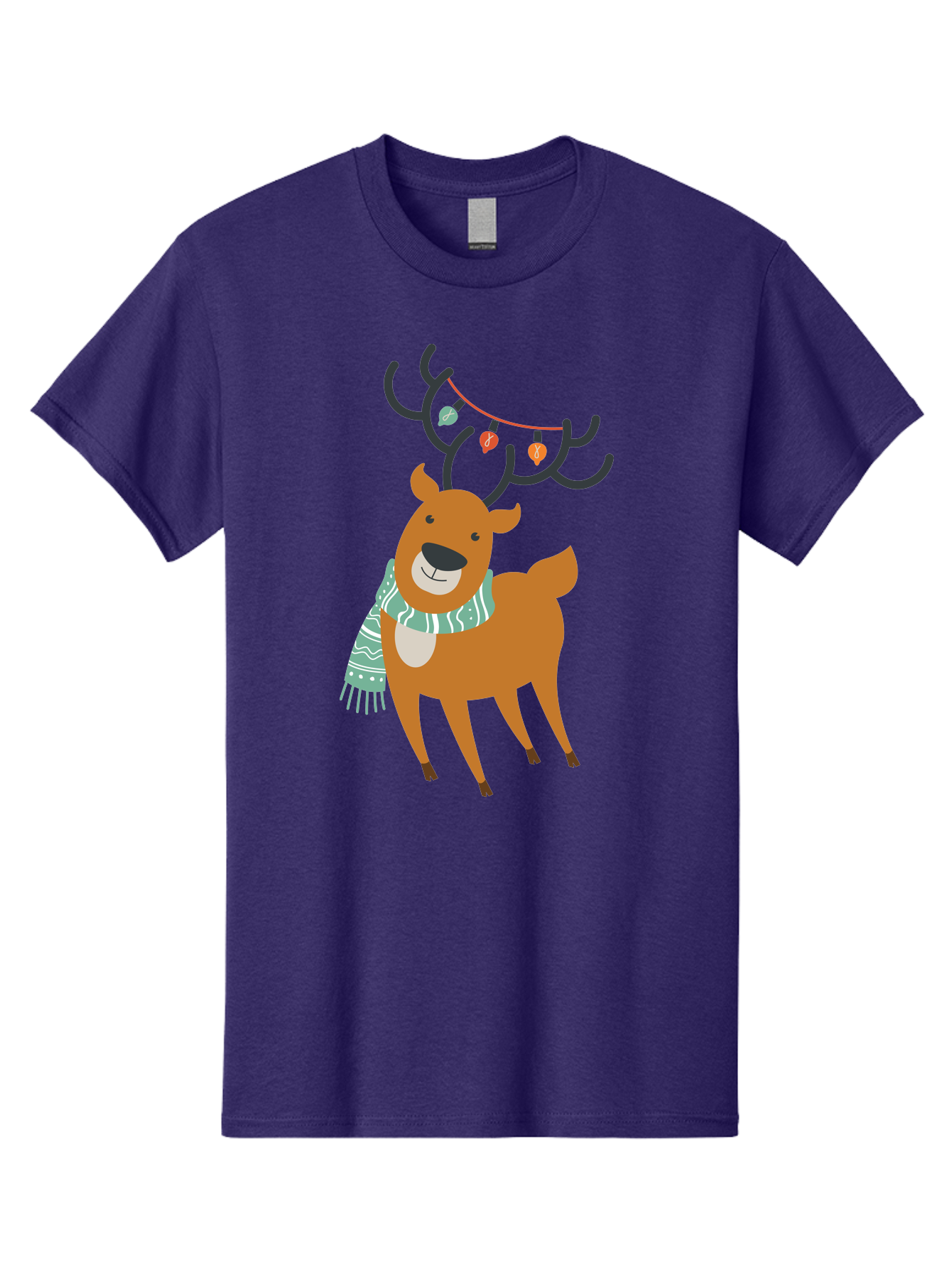 Reindeer-With-Scarf-And-Lights Men'S Graphic Tee, 100% Cotton, Comfortable Casual Summer Wear, Machine Washable, Holiday Reindeer, Christmas Decoration, Festive Scarf, String Lights, Cartoon Character, Winter Wonderland, Merry Christmas, Aad124