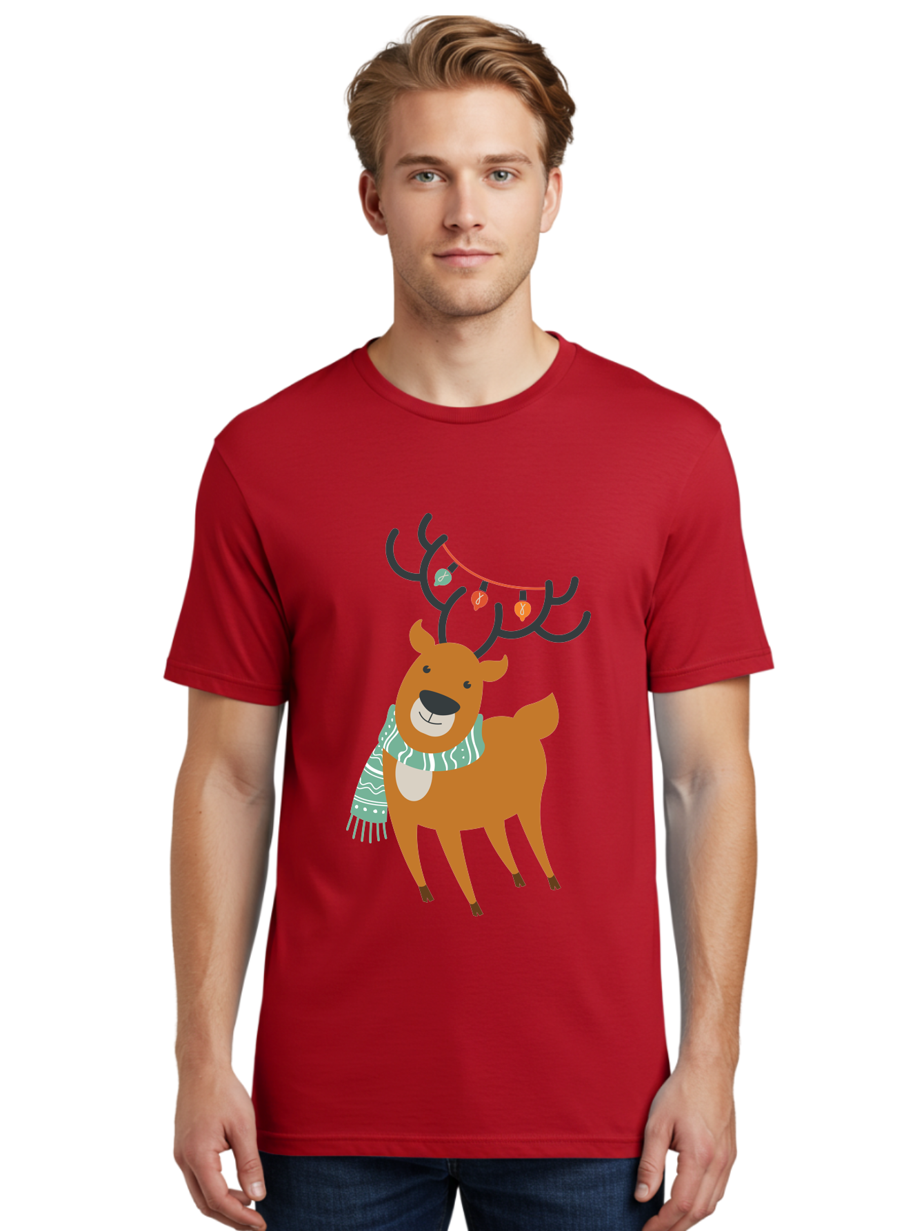 Reindeer-With-Scarf-And-Lights Men'S Graphic Tee, 100% Cotton, Comfortable Casual Summer Wear, Machine Washable, Holiday Reindeer, Christmas Decoration, Festive Scarf, String Lights, Cartoon Character, Winter Wonderland, Merry Christmas, Aad124