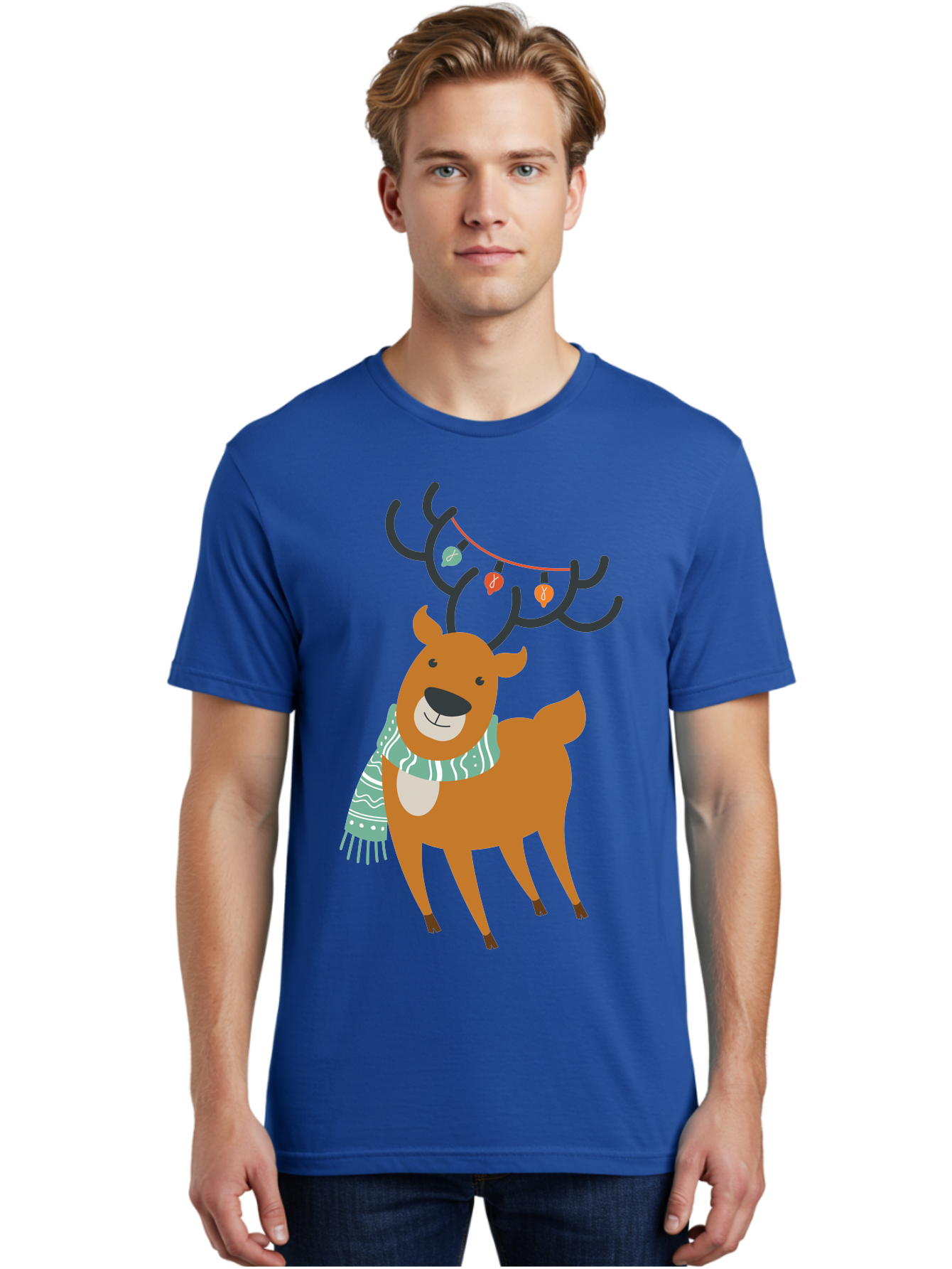 Reindeer-With-Scarf-And-Lights Men'S Graphic Tee, 100% Cotton, Comfortable Casual Summer Wear, Machine Washable, Holiday Reindeer, Christmas Decoration, Festive Scarf, String Lights, Cartoon Character, Winter Wonderland, Merry Christmas, Aad124