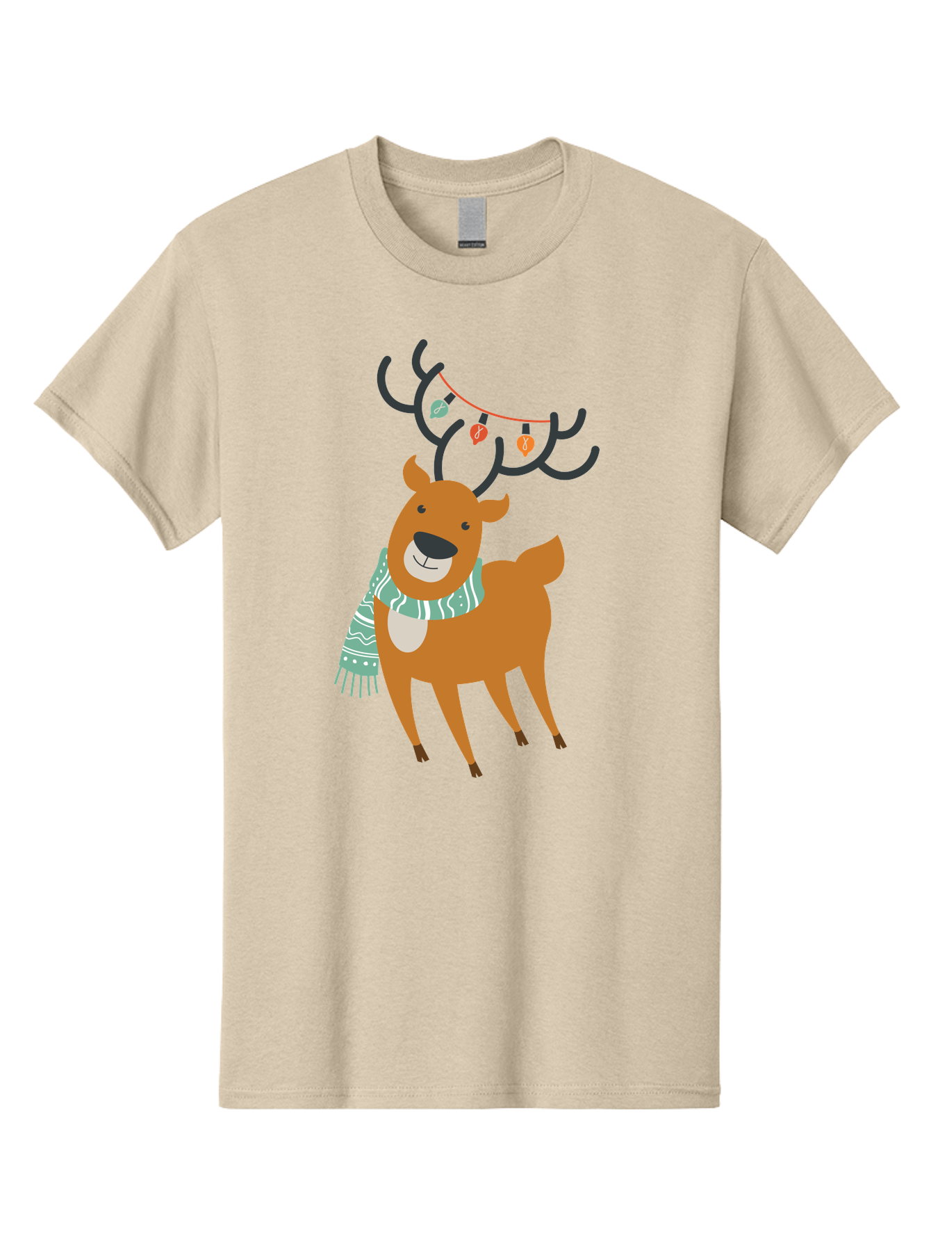 Reindeer-With-Scarf-And-Lights Men'S Graphic Tee, 100% Cotton, Comfortable Casual Summer Wear, Machine Washable, Holiday Reindeer, Christmas Decoration, Festive Scarf, String Lights, Cartoon Character, Winter Wonderland, Merry Christmas, Aad124