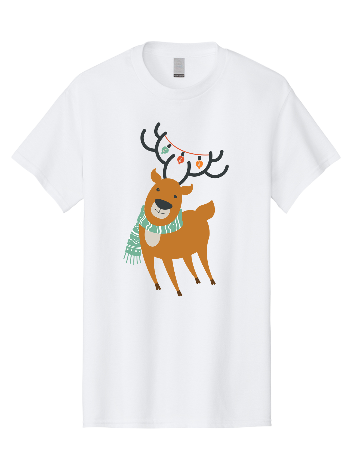 Reindeer-With-Scarf-And-Lights Men'S Graphic Tee, 100% Cotton, Comfortable Casual Summer Wear, Machine Washable, Holiday Reindeer, Christmas Decoration, Festive Scarf, String Lights, Cartoon Character, Winter Wonderland, Merry Christmas, Aad124