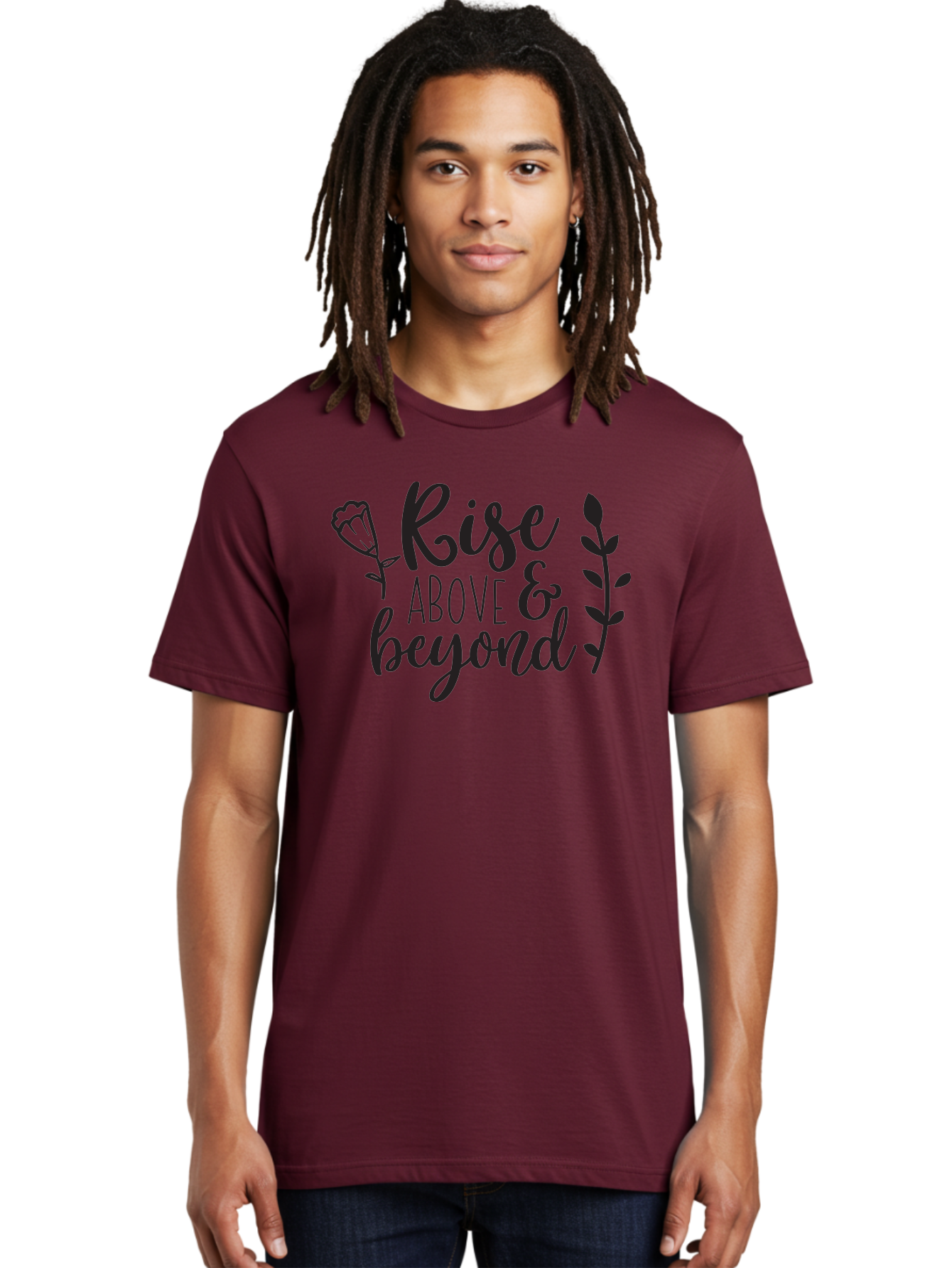 Rise-Above-Beyond Men'S Graphic Tee, 100% Cotton, Comfortable Casual Summer Wear, Machine Washable, Inspirational Quote, Motivational Phrase, Rise Above, Personal Growth, Self-Improvement, Floral Design, Leafy Elements, Uplifting Message, Aad128