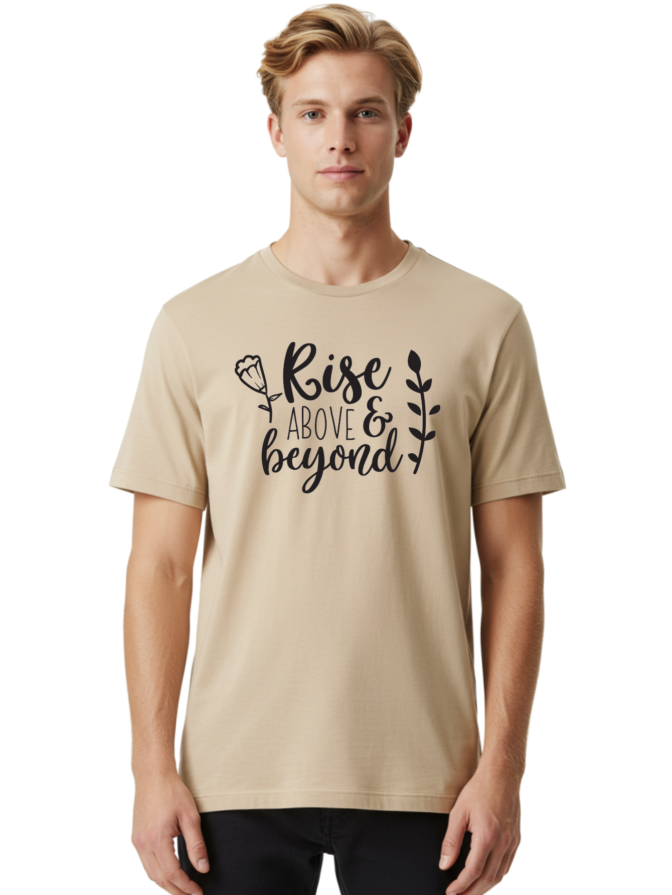 Rise-Above-Beyond Men'S Graphic Tee, 100% Cotton, Comfortable Casual Summer Wear, Machine Washable, Inspirational Quote, Motivational Phrase, Rise Above, Personal Growth, Self-Improvement, Floral Design, Leafy Elements, Uplifting Message, Aad128