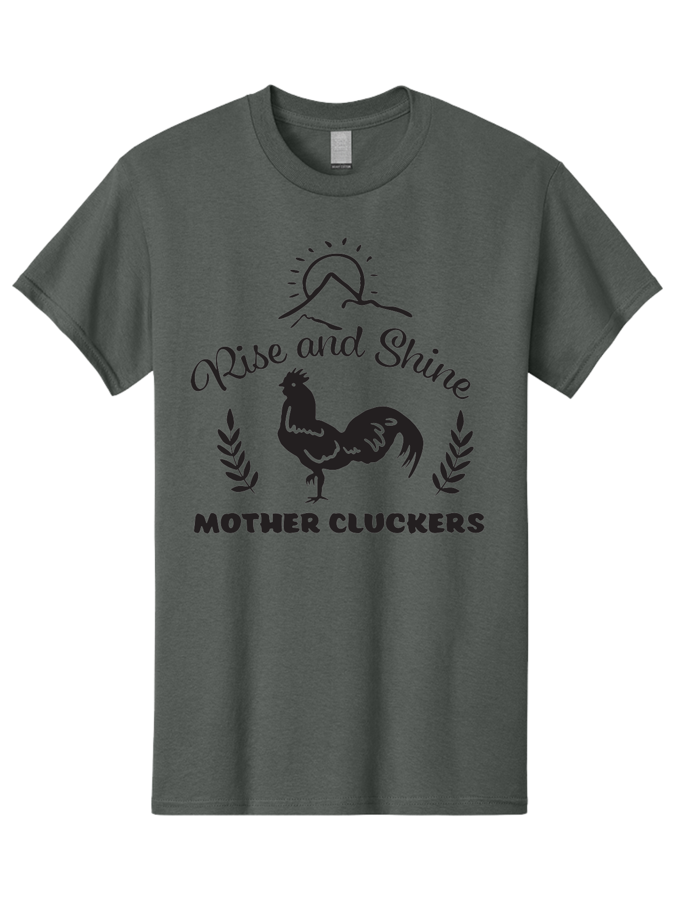 Rise-And-Shine-Mother-Cluckers Men'S Graphic Tee, 100% Cotton, Comfortable Casual Summer Wear, Machine Washable, Rooster, Sunrise Over Mountains, Rise And Shine, Laurel Leaves, Farm Fresh, Morning Motivation, Farm Animals, Poultry Aad129