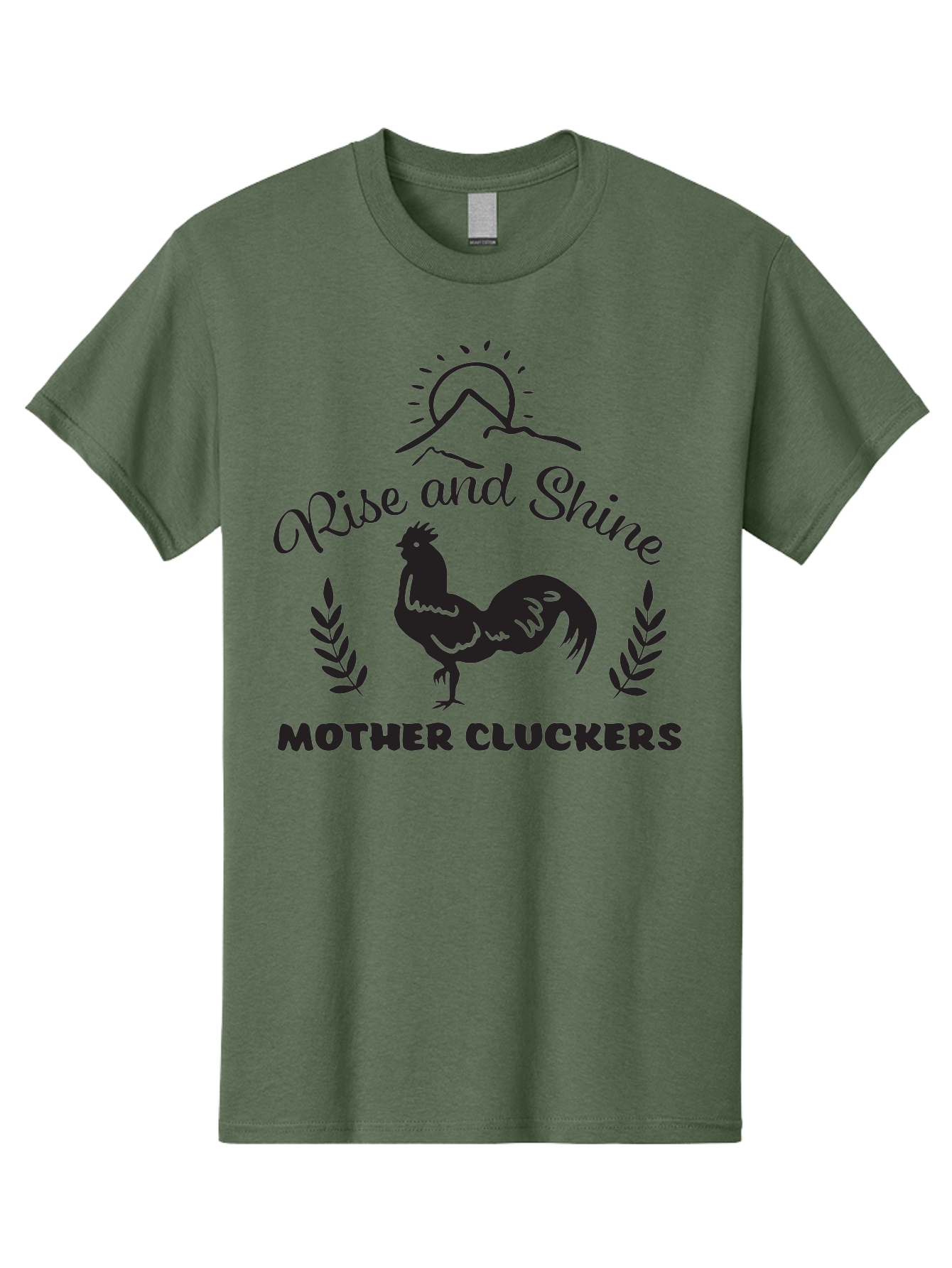Rise-And-Shine-Mother-Cluckers Men'S Graphic Tee, 100% Cotton, Comfortable Casual Summer Wear, Machine Washable, Rooster, Sunrise Over Mountains, Rise And Shine, Laurel Leaves, Farm Fresh, Morning Motivation, Farm Animals, Poultry Aad129