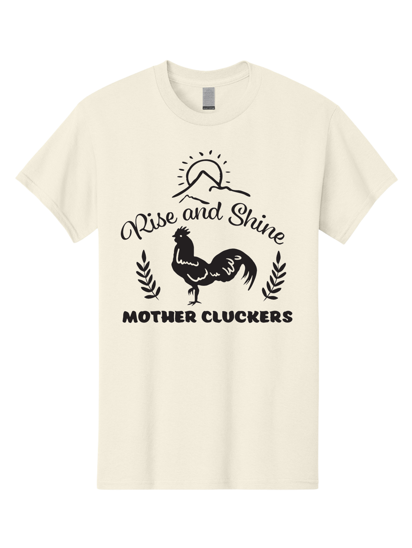 Rise-And-Shine-Mother-Cluckers Men'S Graphic Tee, 100% Cotton, Comfortable Casual Summer Wear, Machine Washable, Rooster, Sunrise Over Mountains, Rise And Shine, Laurel Leaves, Farm Fresh, Morning Motivation, Farm Animals, Poultry Aad129