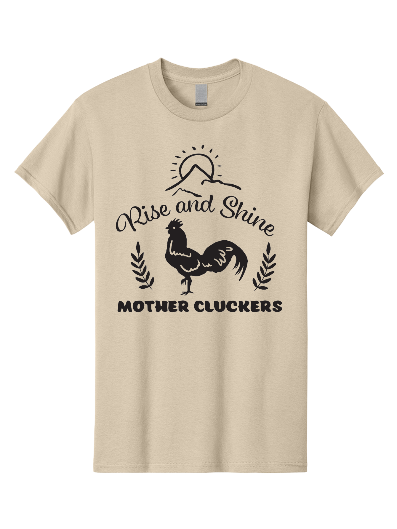 Rise-And-Shine-Mother-Cluckers Men'S Graphic Tee, 100% Cotton, Comfortable Casual Summer Wear, Machine Washable, Rooster, Sunrise Over Mountains, Rise And Shine, Laurel Leaves, Farm Fresh, Morning Motivation, Farm Animals, Poultry Aad129