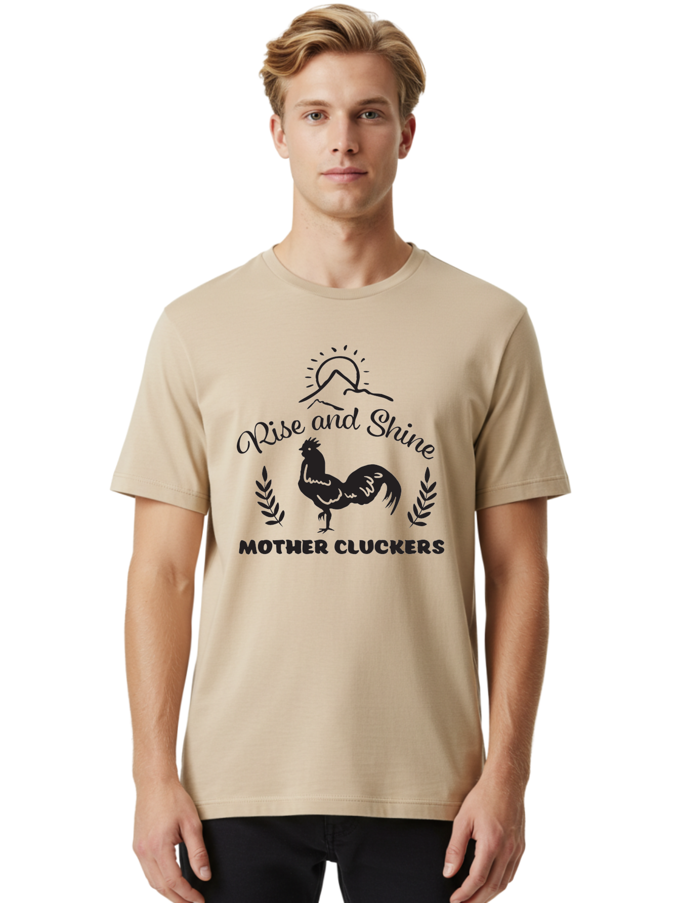 Rise-And-Shine-Mother-Cluckers Men'S Graphic Tee, 100% Cotton, Comfortable Casual Summer Wear, Machine Washable, Rooster, Sunrise Over Mountains, Rise And Shine, Laurel Leaves, Farm Fresh, Morning Motivation, Farm Animals, Poultry Aad129