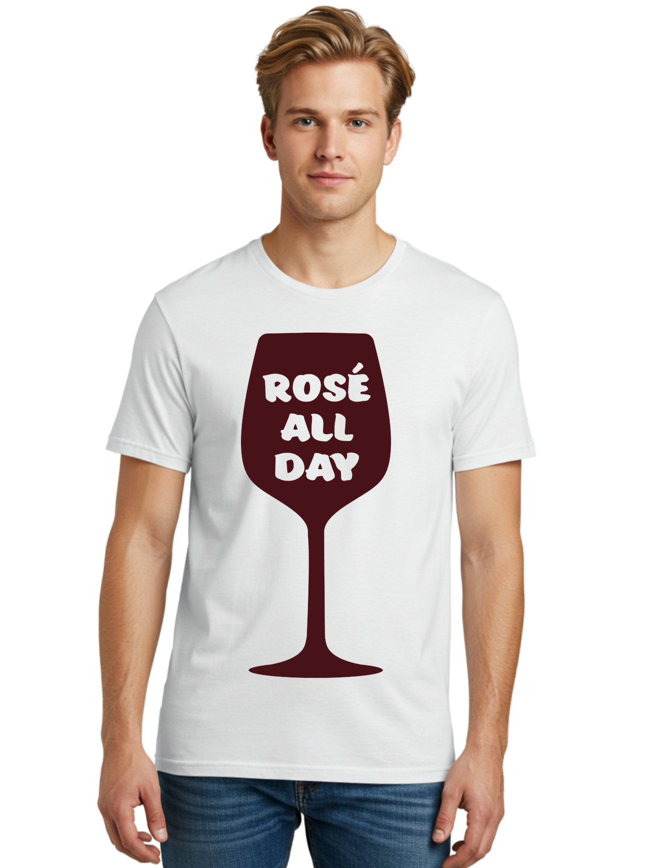 Rose-All-Day Men'S Graphic Tee, 100% Cotton, Comfortable Casual Summer Wear, Machine Washable, Wine Glass, Rose Wine, Rosé All Day, Wine Lover, Relaxed Atmosphere, Casual Drinking, Fun Phrase, Wine Culture Aad131