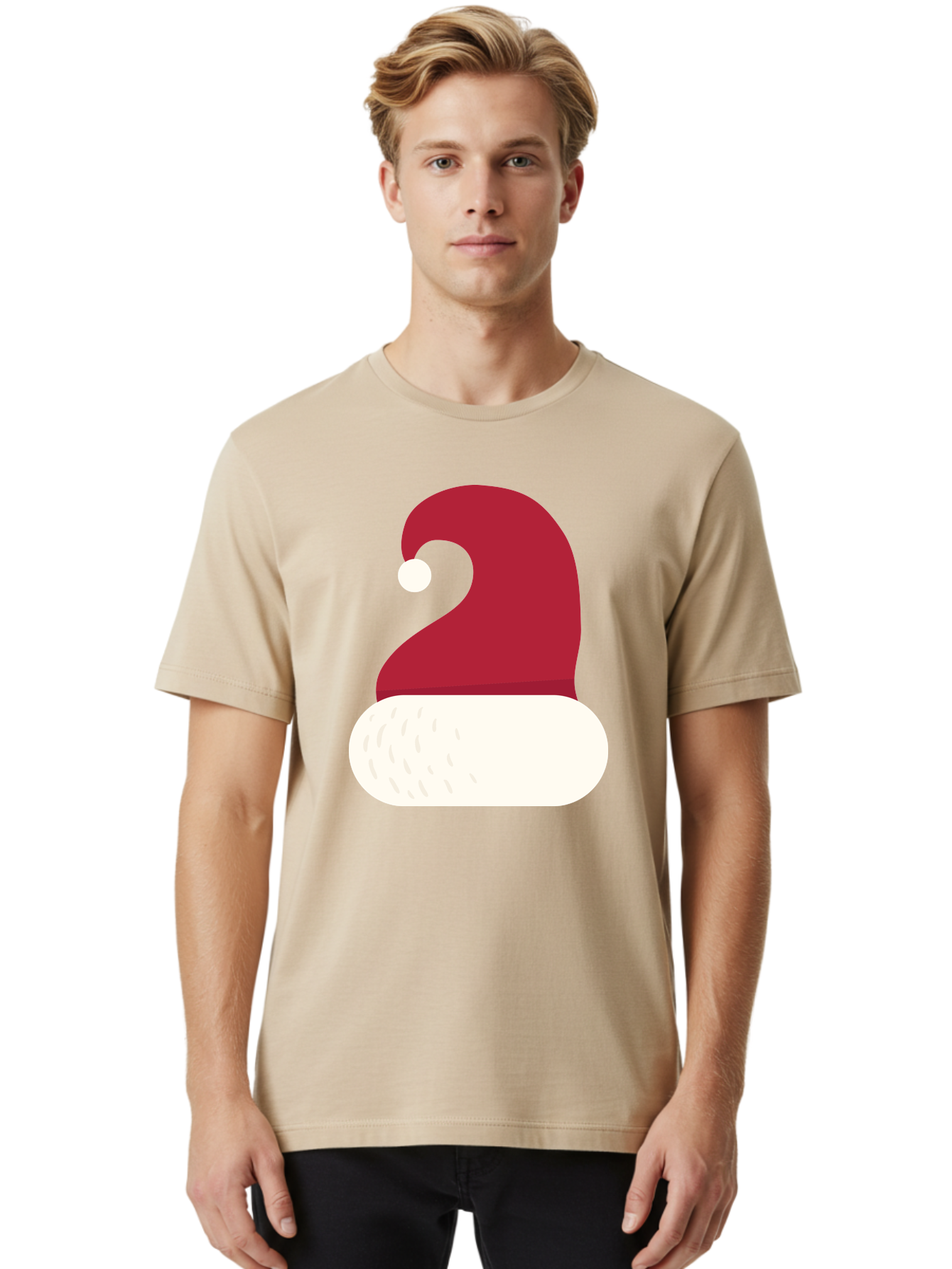 Santa-Hat Men'S Graphic Tee, 100% Cotton, Comfortable Casual Summer Wear, Machine Washable, Santa Hat, Christmas Hat, Red And White Hat, Winter Clothing, Festive Accessory, Holiday Fashion, Cartoon Style, Digital Illustration Aad135