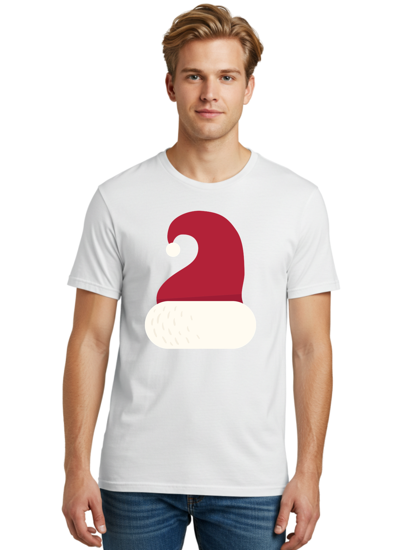 Santa-Hat Men'S Graphic Tee, 100% Cotton, Comfortable Casual Summer Wear, Machine Washable, Santa Hat, Christmas Hat, Red And White Hat, Winter Clothing, Festive Accessory, Holiday Fashion, Cartoon Style, Digital Illustration Aad135