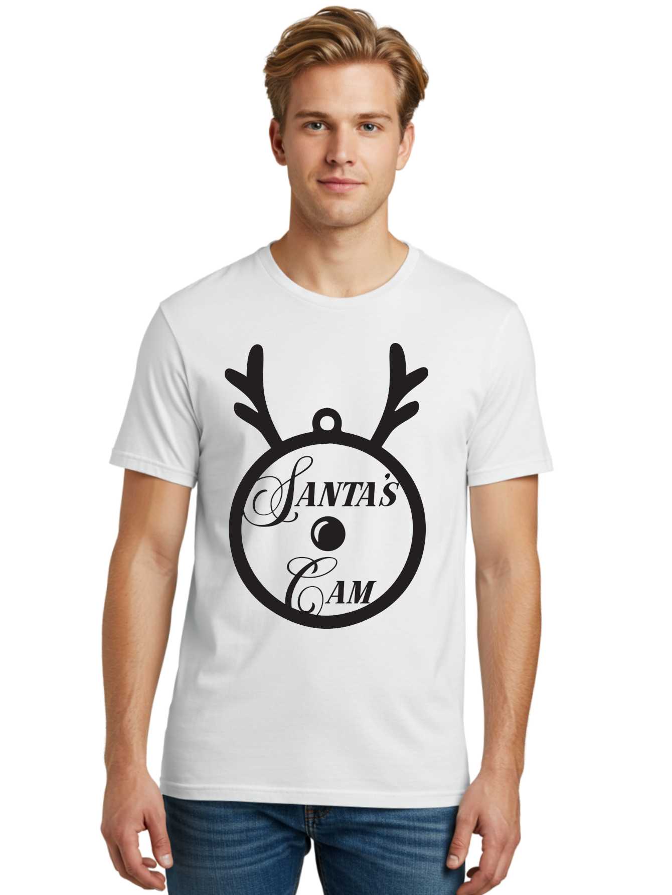 Santa-S-Cam Men'S Graphic Tee, 100% Cotton, Comfortable Casual Summer Wear, Machine Washable, Christmas Decoration, Santa'S Cam, Reindeer Antlers, Festive Design, Holiday Ornaments, Christmas Magic, Winter Wonderland, Holiday Cheer Aad136