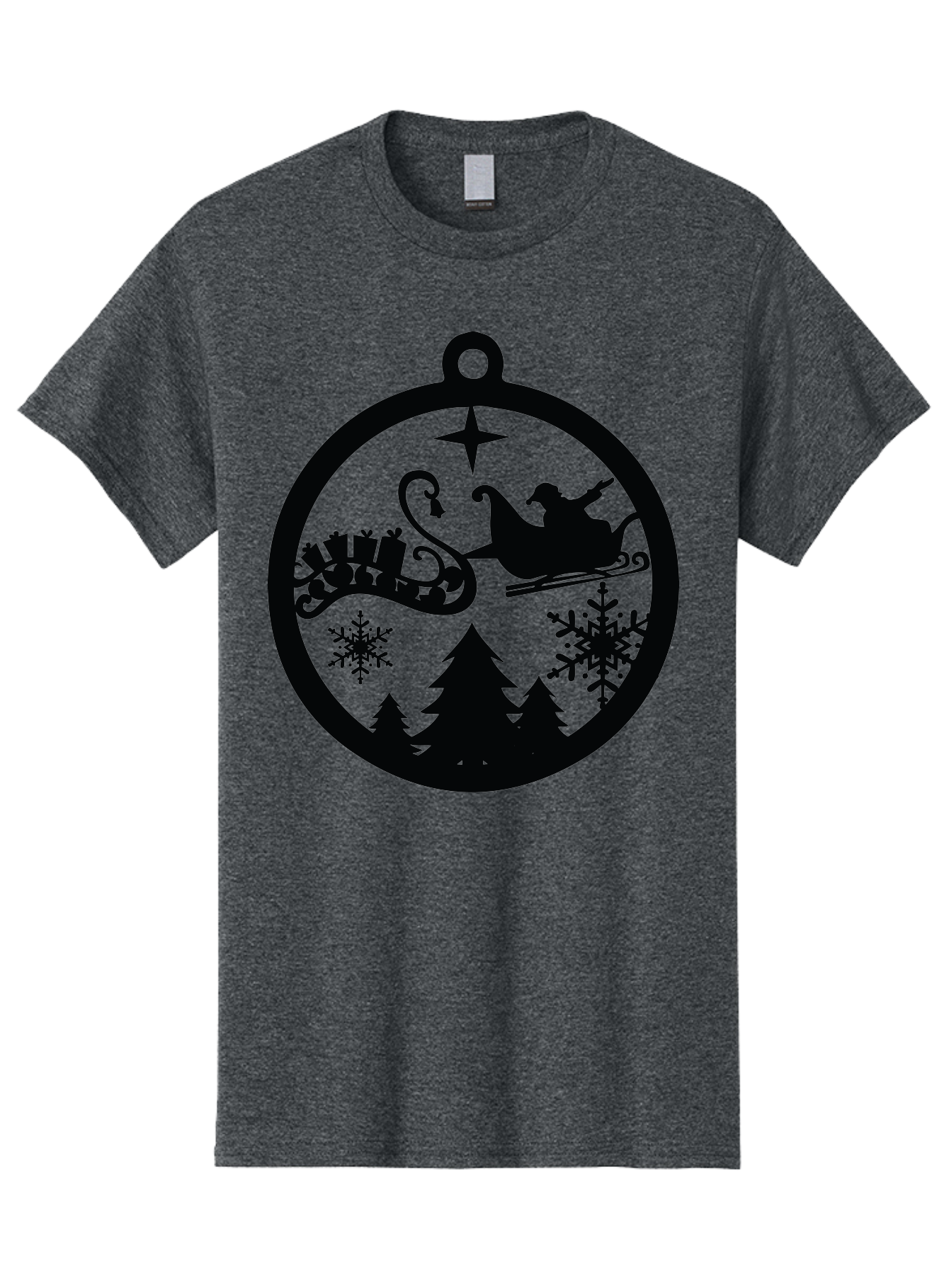 Santa-Sleigh-Ornament Men'S Graphic Tee, 100% Cotton, Comfortable Casual Summer Wear, Machine Washable, Santa Sleigh, Christmas Ornament, Festive Silhouette, Winter Wonderland, Holiday Decor, Santa Claus, Snowflakes, Christmas Trees Aad138