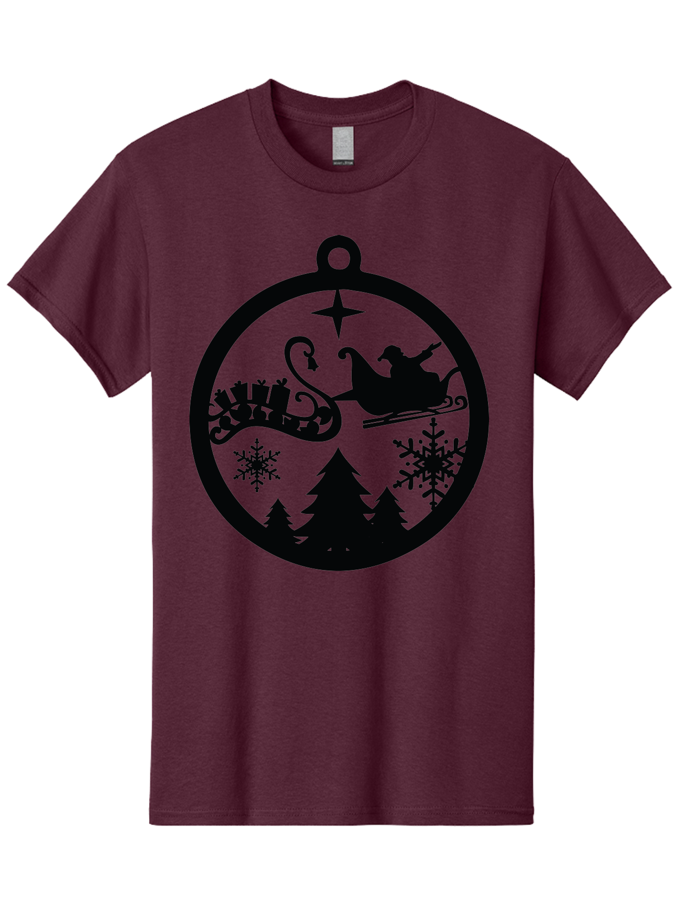Santa-Sleigh-Ornament Men'S Graphic Tee, 100% Cotton, Comfortable Casual Summer Wear, Machine Washable, Santa Sleigh, Christmas Ornament, Festive Silhouette, Winter Wonderland, Holiday Decor, Santa Claus, Snowflakes, Christmas Trees Aad138