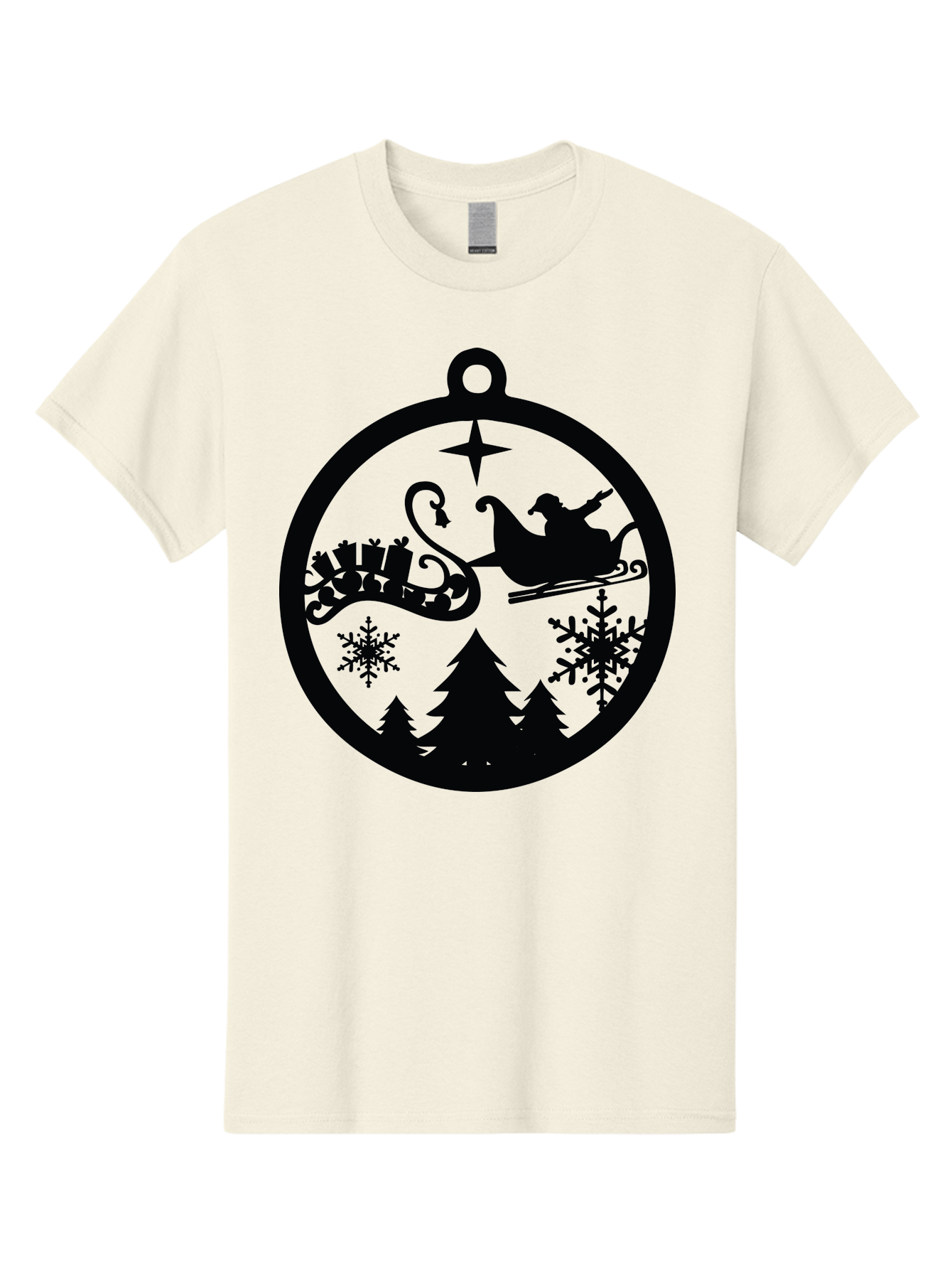 Santa-Sleigh-Ornament Men'S Graphic Tee, 100% Cotton, Comfortable Casual Summer Wear, Machine Washable, Santa Sleigh, Christmas Ornament, Festive Silhouette, Winter Wonderland, Holiday Decor, Santa Claus, Snowflakes, Christmas Trees Aad138