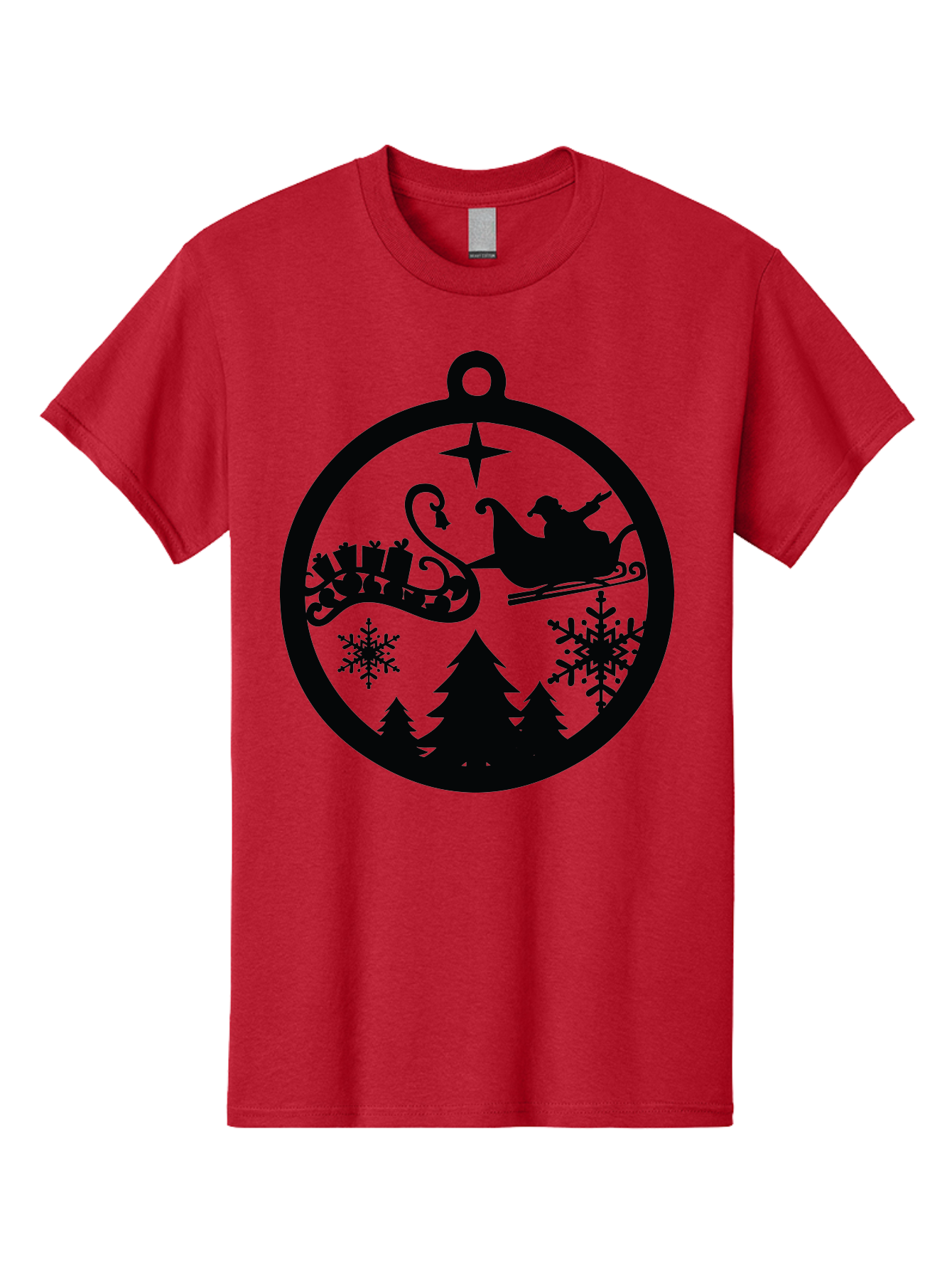 Santa-Sleigh-Ornament Men'S Graphic Tee, 100% Cotton, Comfortable Casual Summer Wear, Machine Washable, Santa Sleigh, Christmas Ornament, Festive Silhouette, Winter Wonderland, Holiday Decor, Santa Claus, Snowflakes, Christmas Trees Aad138