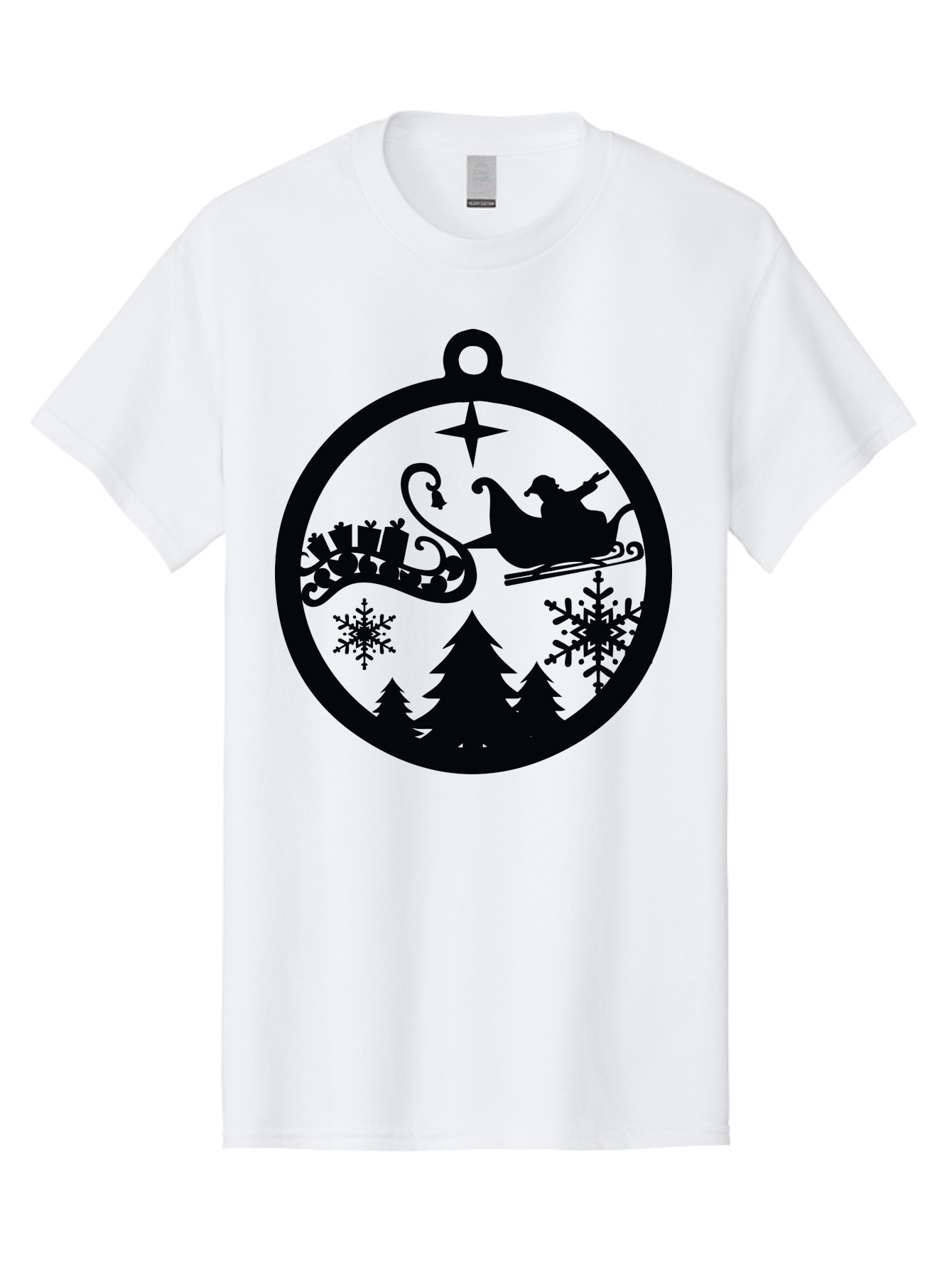 Santa-Sleigh-Ornament Men'S Graphic Tee, 100% Cotton, Comfortable Casual Summer Wear, Machine Washable, Santa Sleigh, Christmas Ornament, Festive Silhouette, Winter Wonderland, Holiday Decor, Santa Claus, Snowflakes, Christmas Trees Aad138