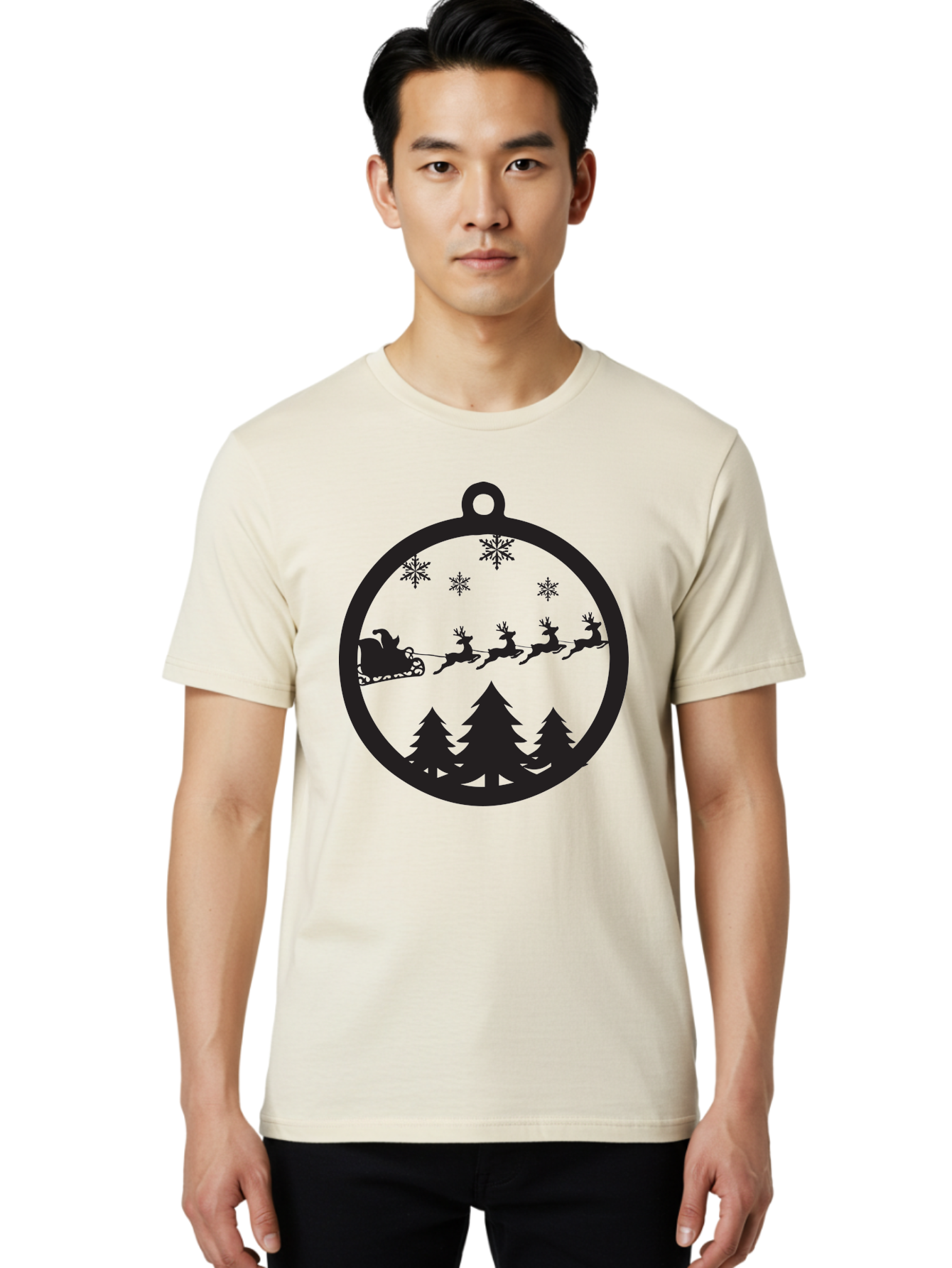 Santa-Sleigh-Silhouette Men'S Graphic Tee, 100% Cotton, Comfortable Casual Summer Wear, Machine Washable, Sleigh, Santa Claus, Reindeer, Snowy Night, Festive Trees, Holiday Decoration, Christmas Ornament, Winter Scene, Festive Atmosphere, Aad139
