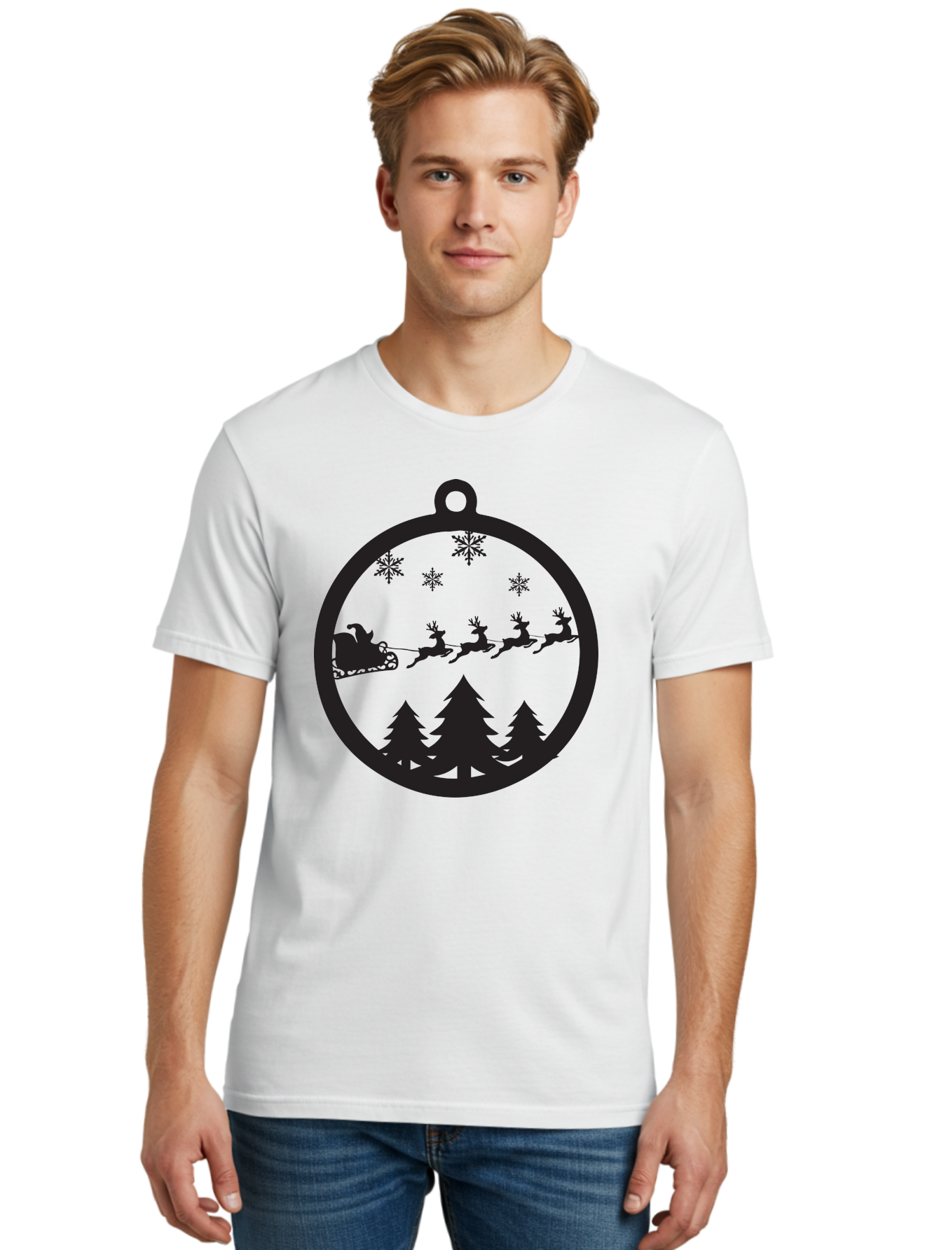 Santa-Sleigh-Silhouette Men'S Graphic Tee, 100% Cotton, Comfortable Casual Summer Wear, Machine Washable, Sleigh, Santa Claus, Reindeer, Snowy Night, Festive Trees, Holiday Decoration, Christmas Ornament, Winter Scene, Festive Atmosphere, Aad139