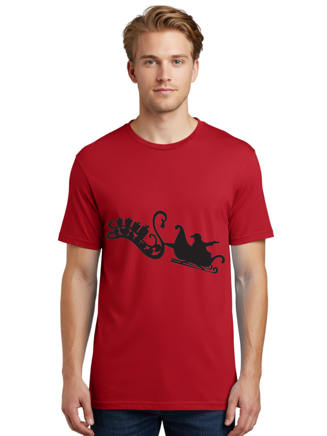 Santa-Sleigh Men'S Graphic Tee, 100% Cotton, Comfortable Casual Summer Wear, Machine Washable, Sleigh Silhouette, Santa Claus, Christmas Gifts, Festive Season, Holiday Cheer, Winter Wonderland, Jolly Old Elf, Gift Giving, Christmas Magic, Aad140