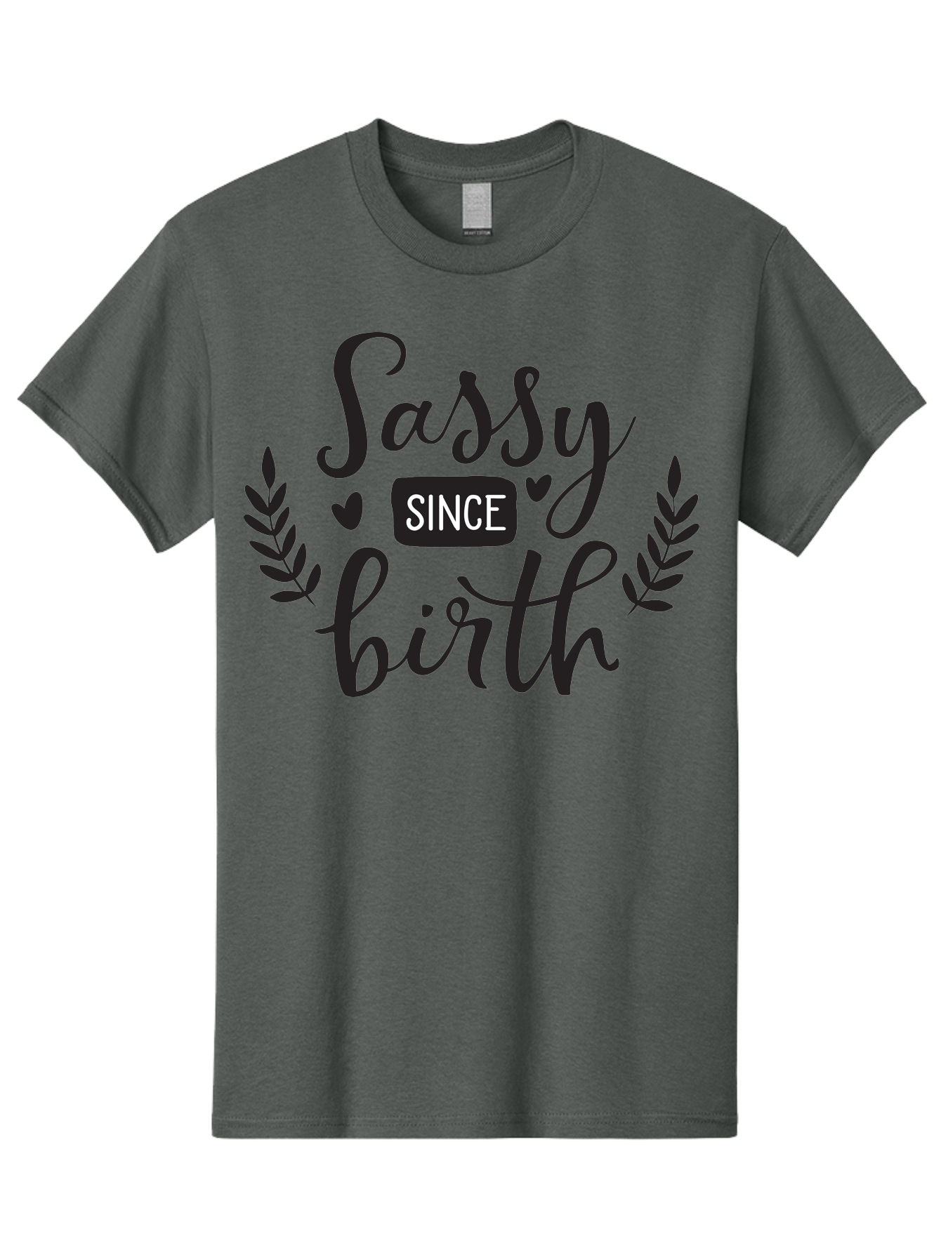Sassy-Since-Birth Men'S Graphic Tee, 100% Cotton, Comfortable Casual Summer Wear, Machine Washable, Sassy Attitude, Confident Personality, Funny Quote, Inspirational Phrase, Sassy Since Birth, Bold Text, Leaf Designs, Heart Shapes, Aad144