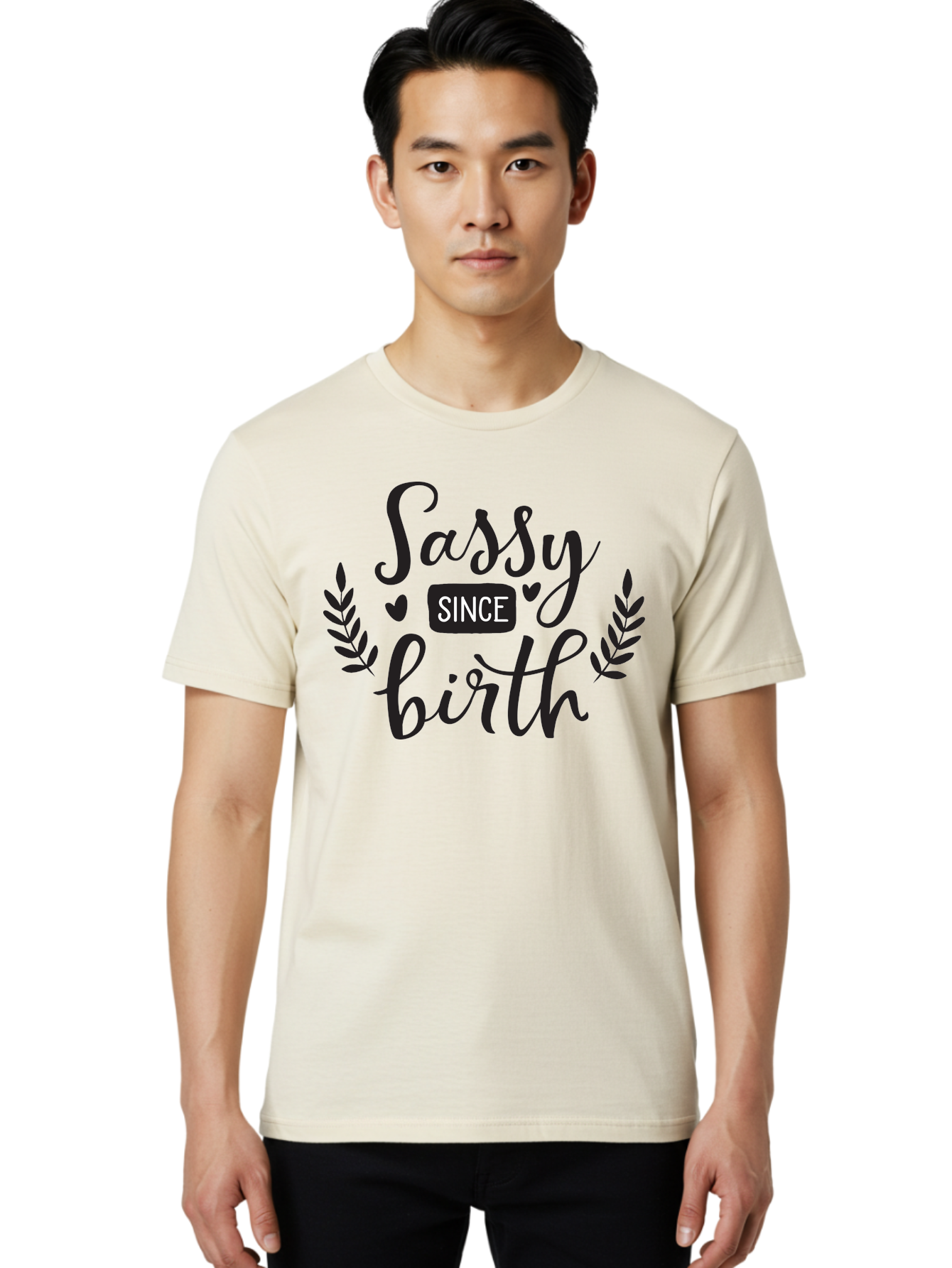 Sassy-Since-Birth Men'S Graphic Tee, 100% Cotton, Comfortable Casual Summer Wear, Machine Washable, Sassy Attitude, Confident Personality, Funny Quote, Inspirational Phrase, Sassy Since Birth, Bold Text, Leaf Designs, Heart Shapes, Aad144
