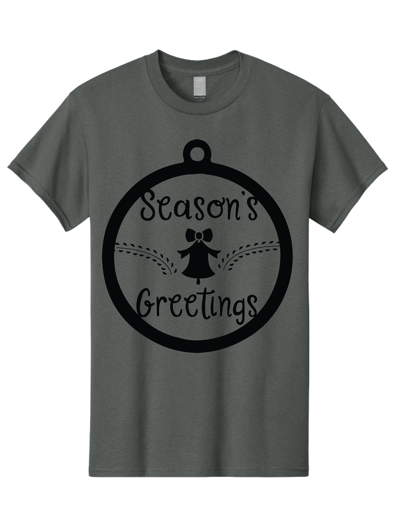 Season-S-Greetings Men'S Graphic Tee, 100% Cotton, Comfortable Casual Summer Wear, Machine Washable, Christmas Ornament, Festive Design, Holiday Greeting Card, Black Silhouette, Angel Silhouette, Bow Decoration, Black And Green, Aad145