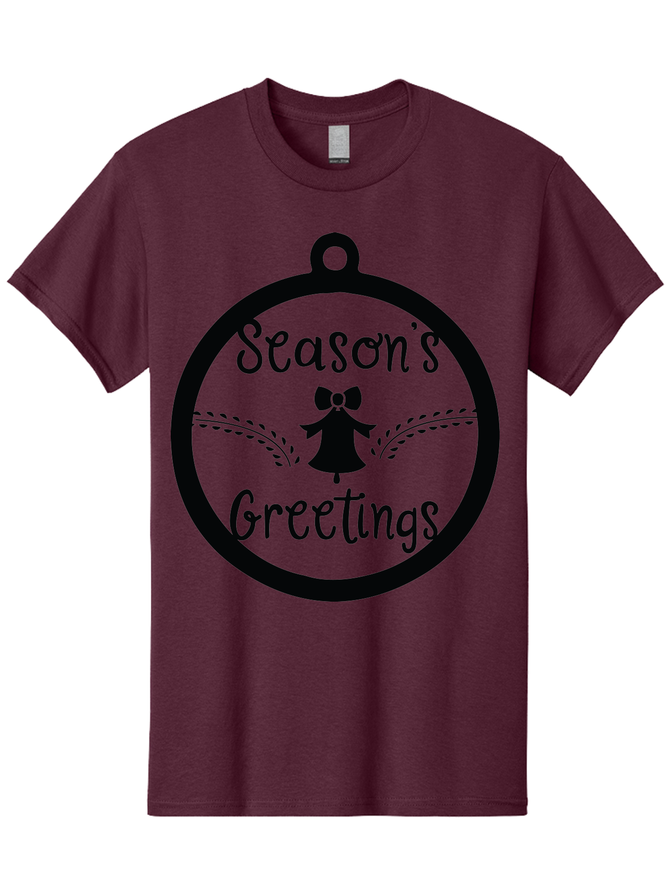 Season-S-Greetings Men'S Graphic Tee, 100% Cotton, Comfortable Casual Summer Wear, Machine Washable, Christmas Ornament, Festive Design, Holiday Greeting Card, Black Silhouette, Angel Silhouette, Bow Decoration, Black And Green, Aad145