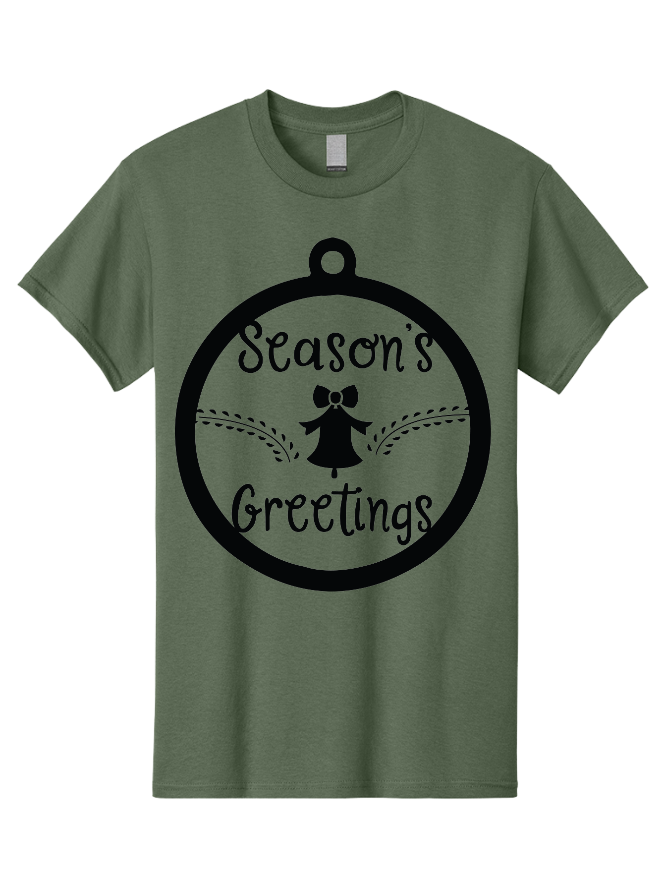 Season-S-Greetings Men'S Graphic Tee, 100% Cotton, Comfortable Casual Summer Wear, Machine Washable, Christmas Ornament, Festive Design, Holiday Greeting Card, Black Silhouette, Angel Silhouette, Bow Decoration, Black And Green, Aad145