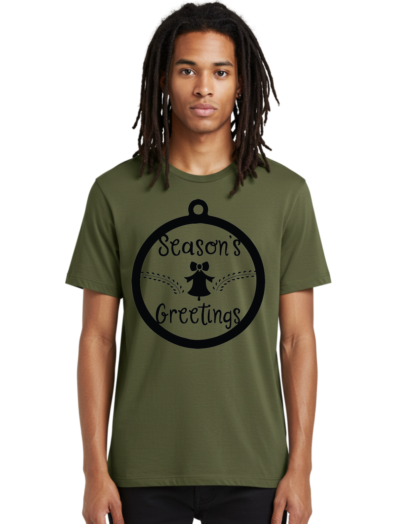 Season-S-Greetings Men'S Graphic Tee, 100% Cotton, Comfortable Casual Summer Wear, Machine Washable, Christmas Ornament, Festive Design, Holiday Greeting Card, Black Silhouette, Angel Silhouette, Bow Decoration, Black And Green, Aad145