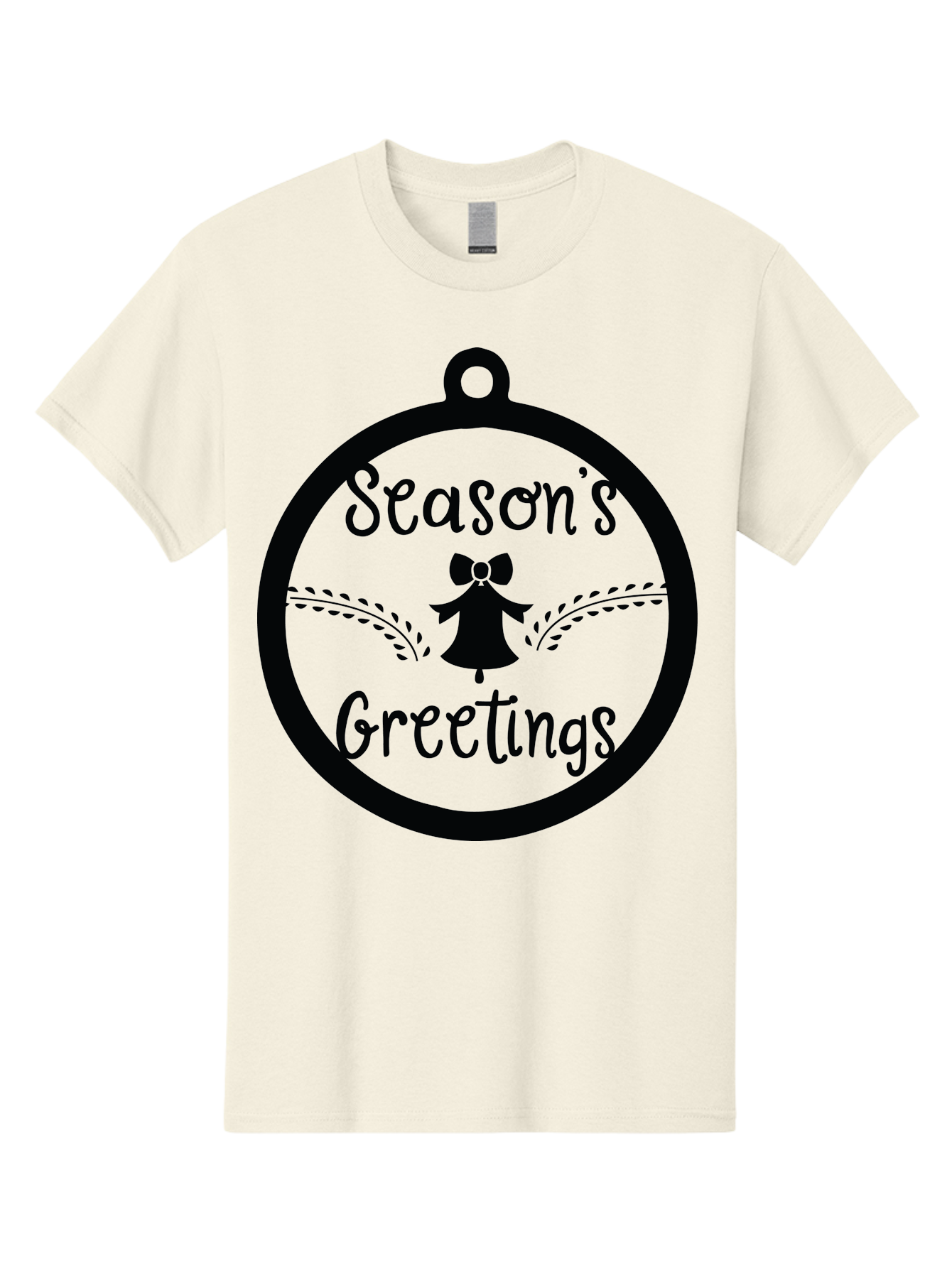 Season-S-Greetings Men'S Graphic Tee, 100% Cotton, Comfortable Casual Summer Wear, Machine Washable, Christmas Ornament, Festive Design, Holiday Greeting Card, Black Silhouette, Angel Silhouette, Bow Decoration, Black And Green, Aad145
