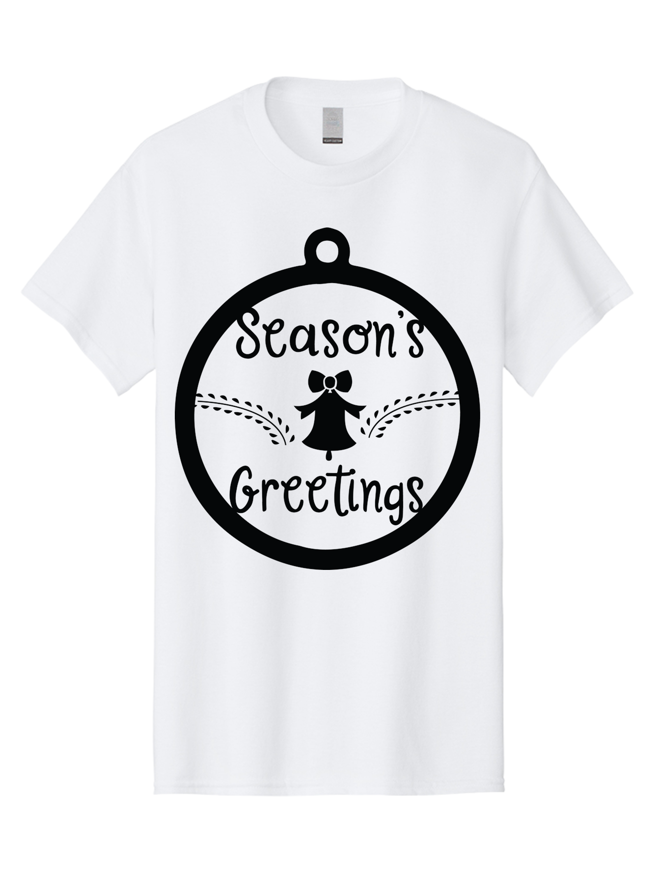 Season-S-Greetings Men'S Graphic Tee, 100% Cotton, Comfortable Casual Summer Wear, Machine Washable, Christmas Ornament, Festive Design, Holiday Greeting Card, Black Silhouette, Angel Silhouette, Bow Decoration, Black And Green, Aad145