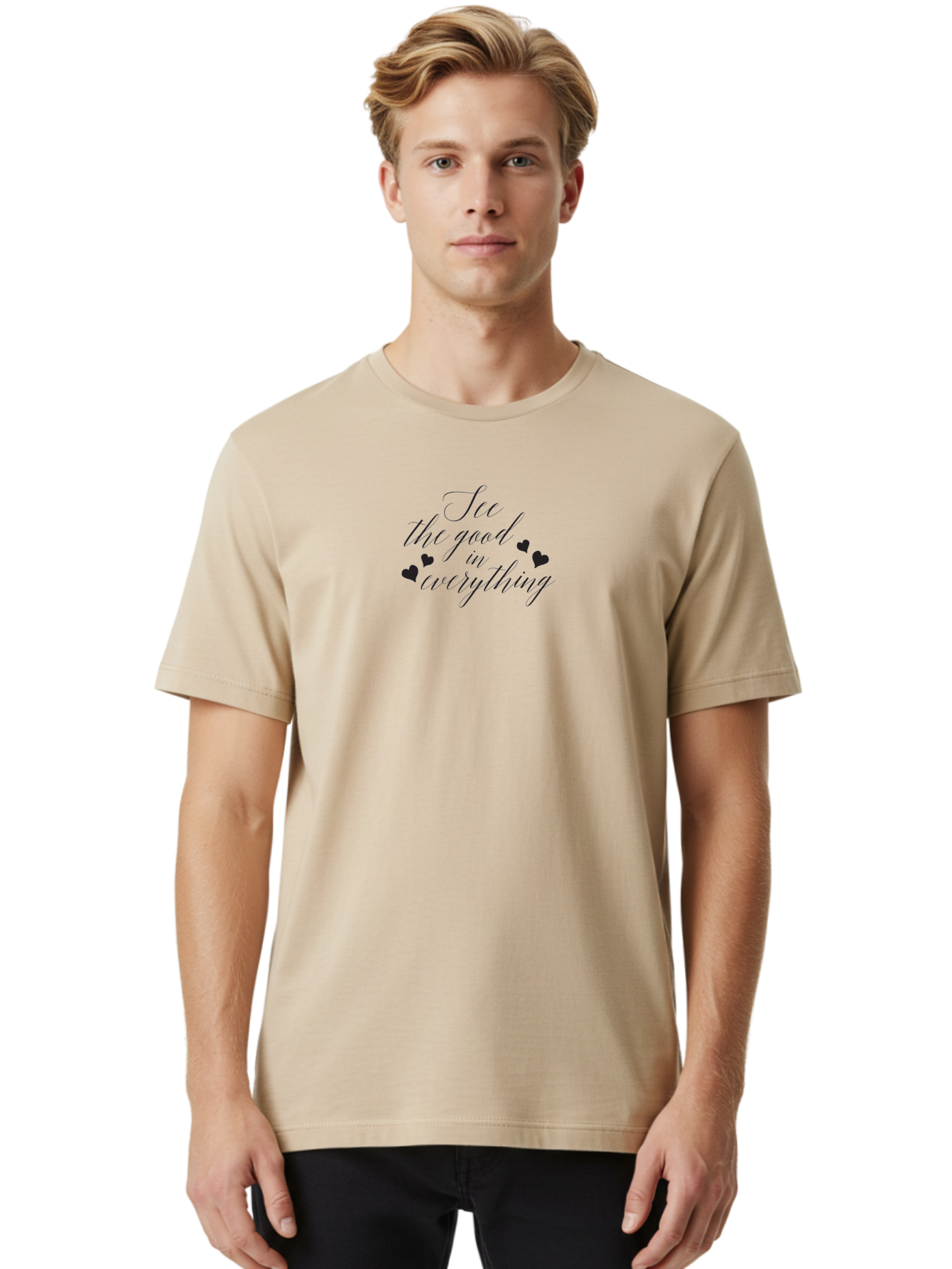 See-The-Good-In-Everything Men'S Graphic Tee, 100% Cotton, Comfortable Casual Summer Wear, Machine Washable, Inspirational Quote, Motivational Text, Positive Vibes, Good Vibes, Loving Message, See The Good, Cursive Text, Love Hearts Aad146